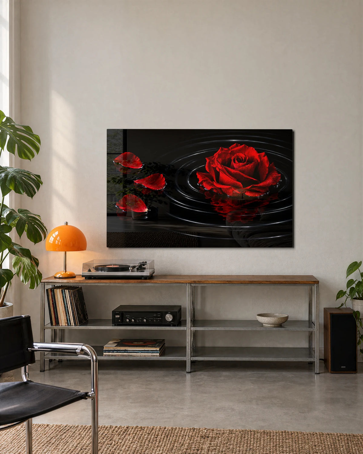 Rose on Black Water — shown in a living space