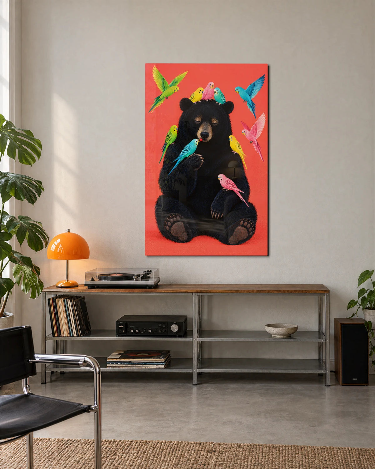 Bear Among Parakeets — shown in a living space