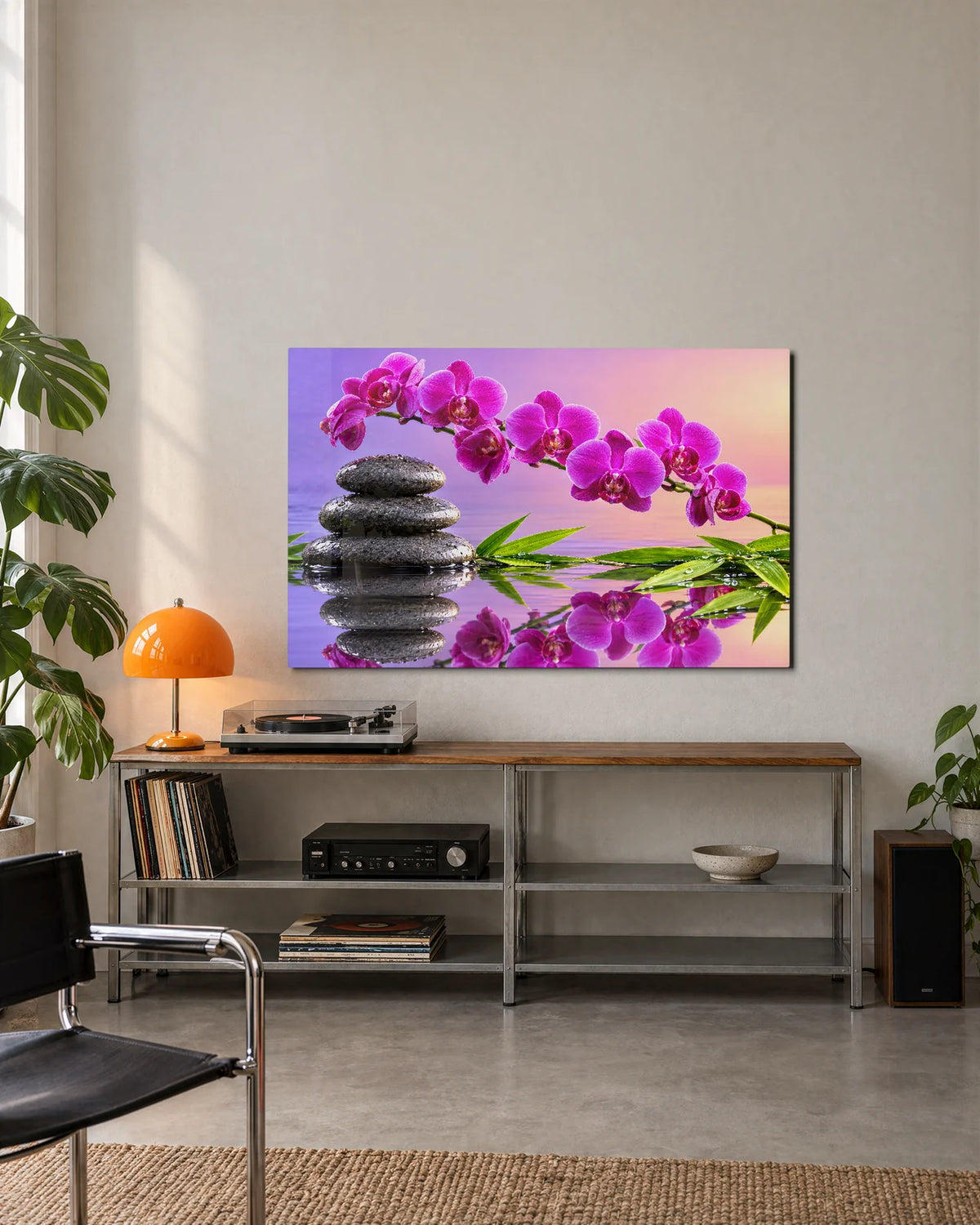 Orchids and Stacked Stones — shown in a living space