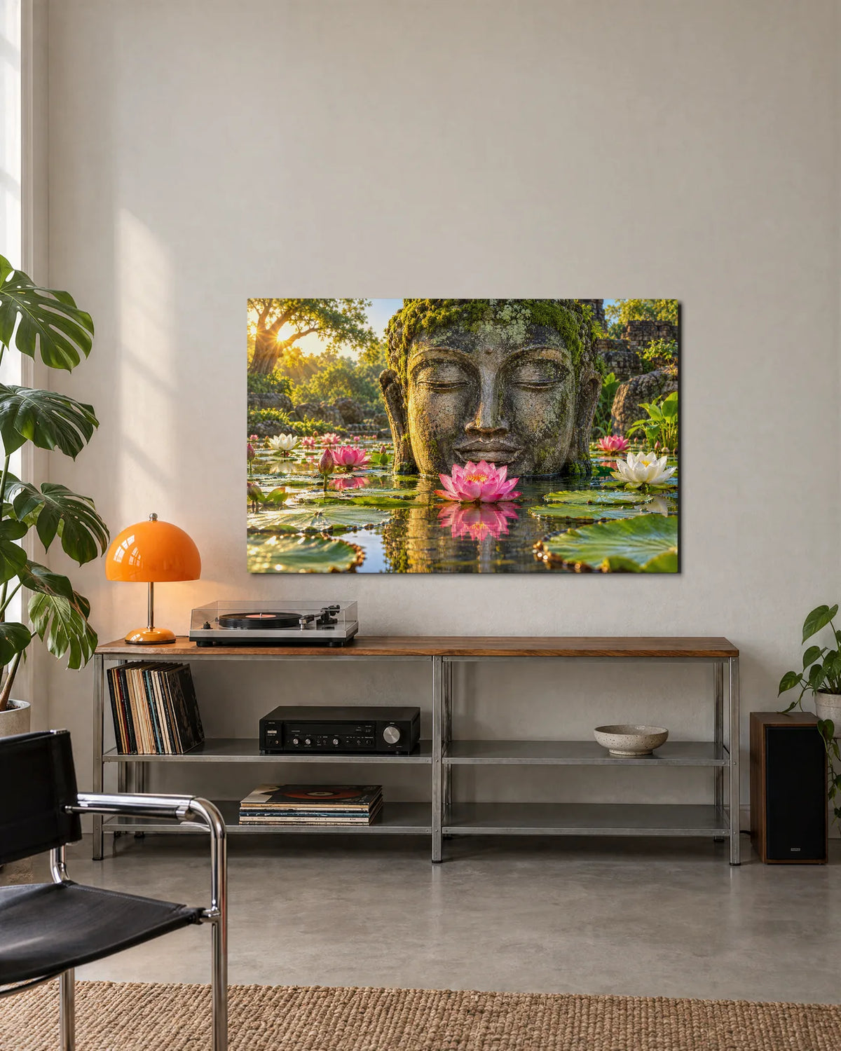 Stone Buddha Among Lotus — shown in a living space