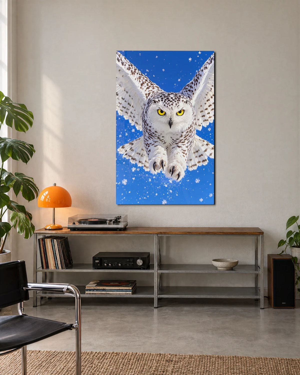 Snowy Owl in Flight — shown in a living space