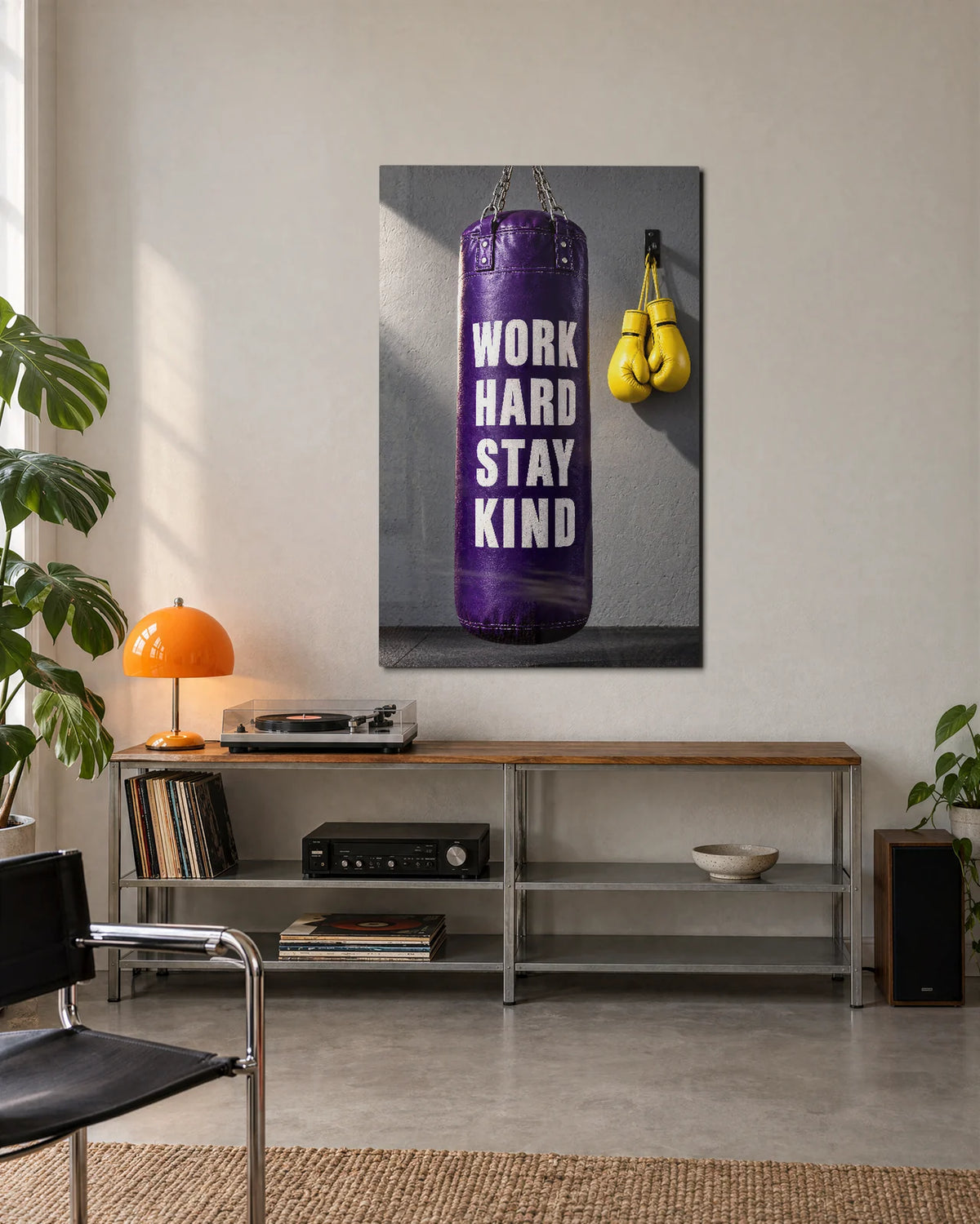 Work Hard Stay Kind — shown in a living space