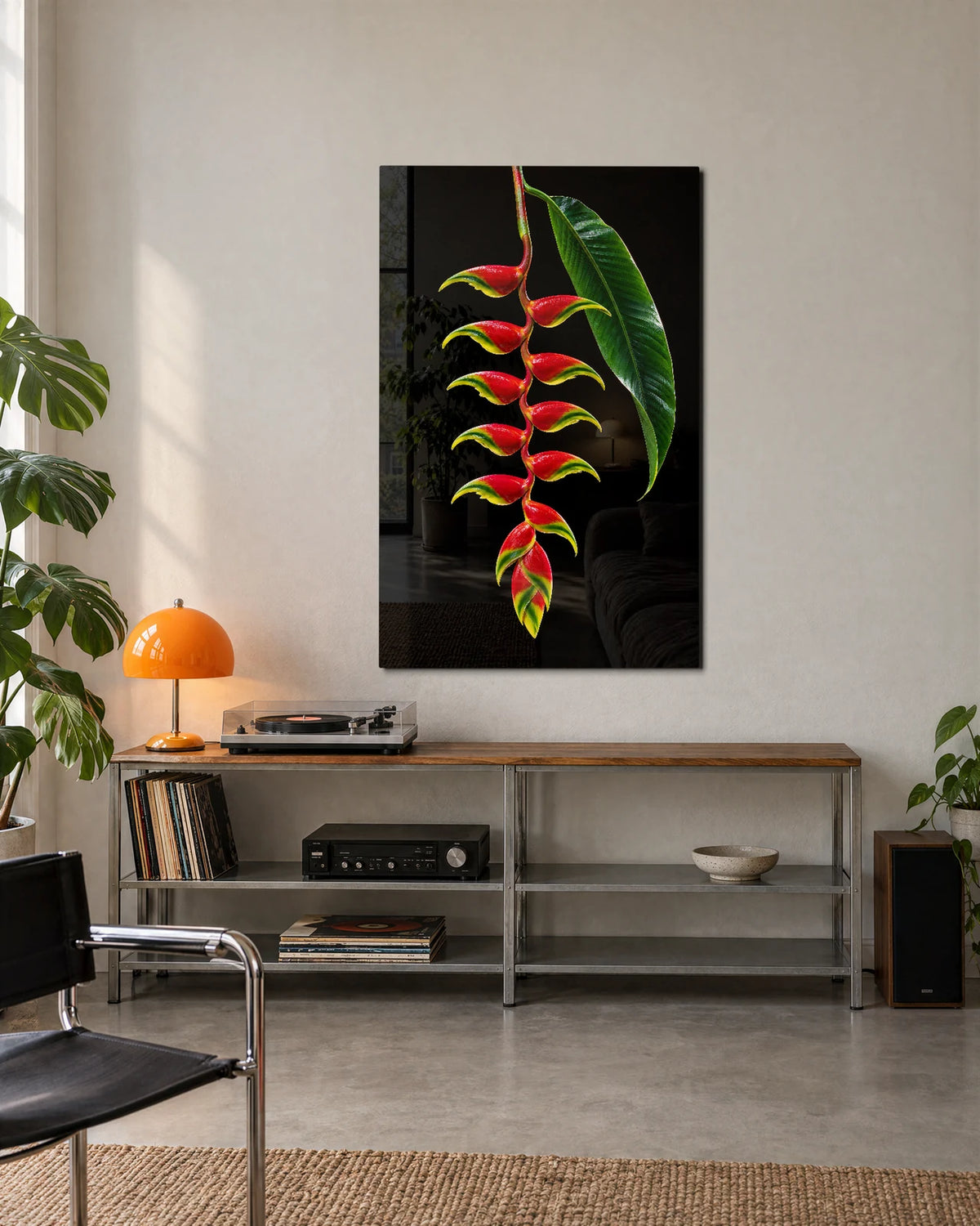 Heliconia on Black — shown in a living space