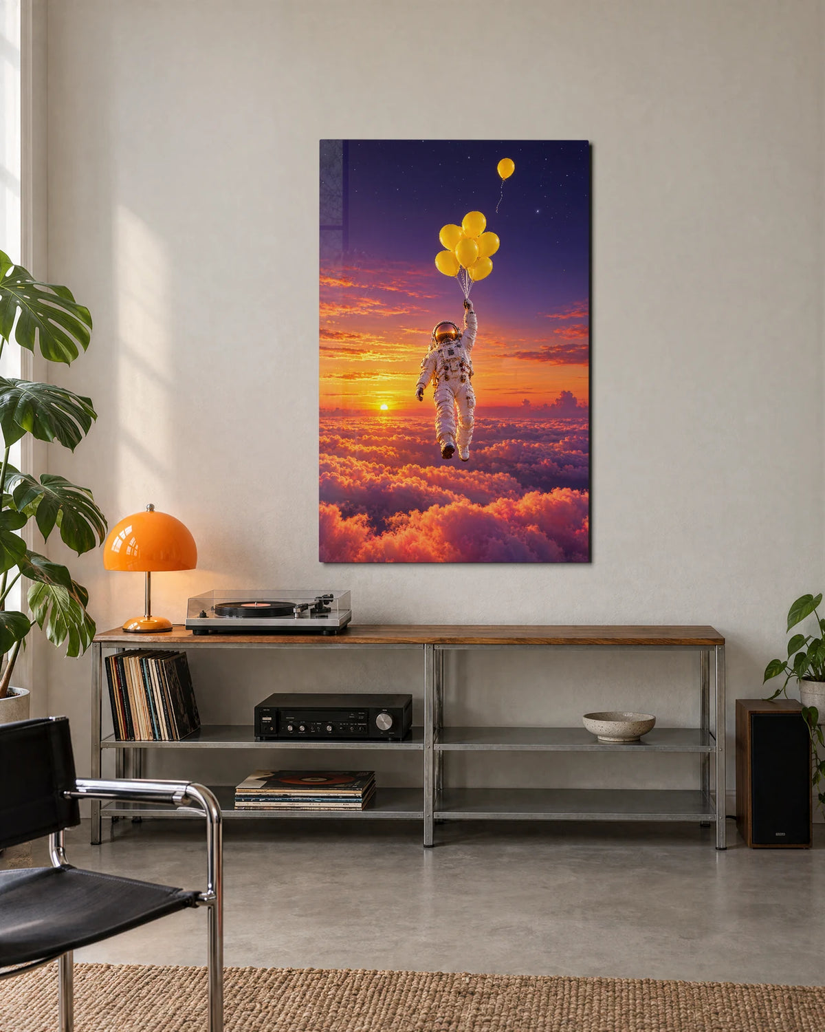 Astronaut with Balloons — shown in a living space