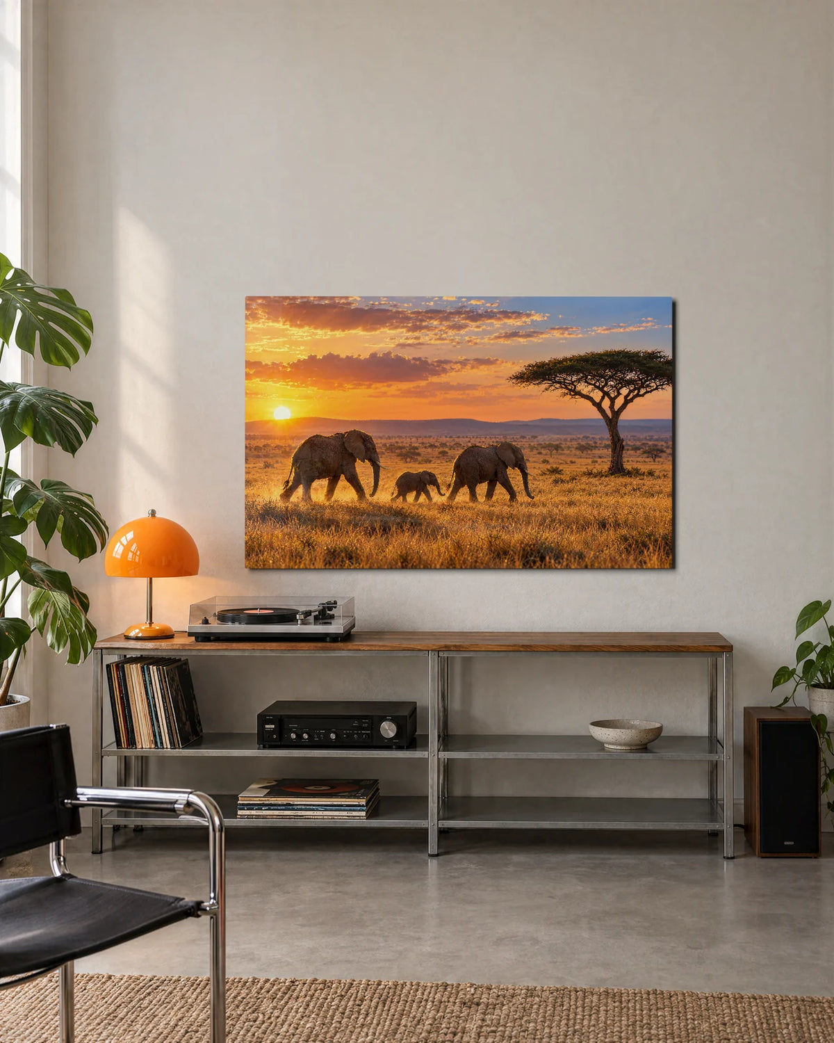 Elephants at Golden Hour — shown in a living space
