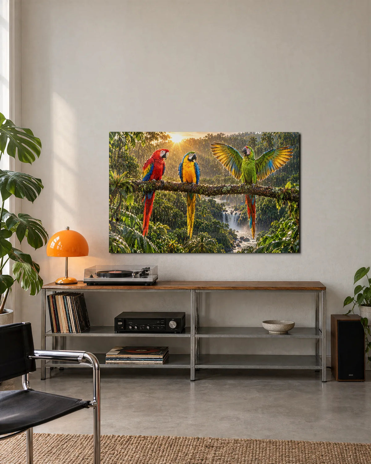Three Macaws in the Rain — shown in a living space