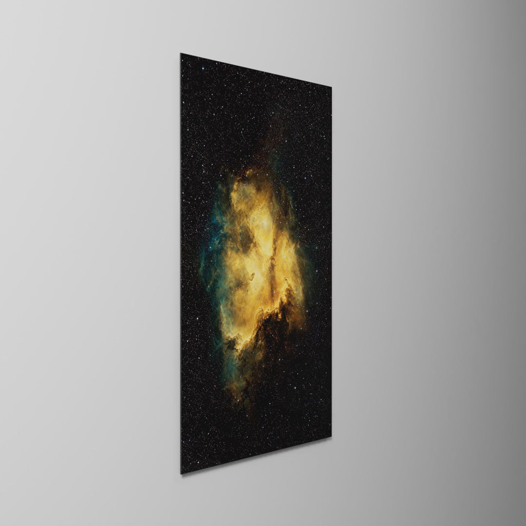 Gold Nebula, glass wall art with light moving across the glass