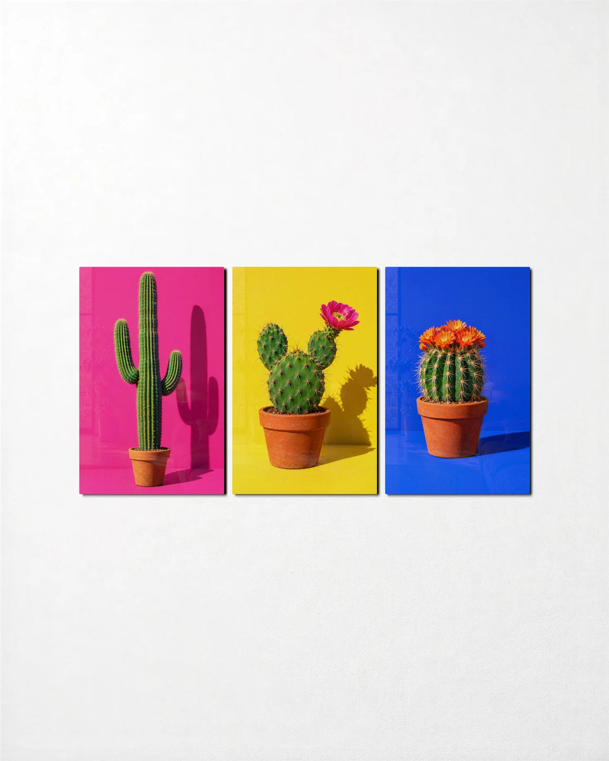 Potted Cactus Trio — 3-panel glass wall art set on a wall
