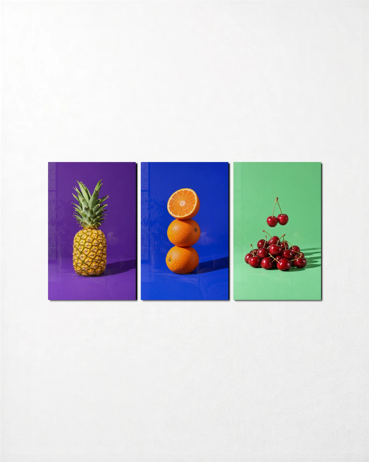 Fruit on Colour Trio — 3-panel glass wall art set on a wall