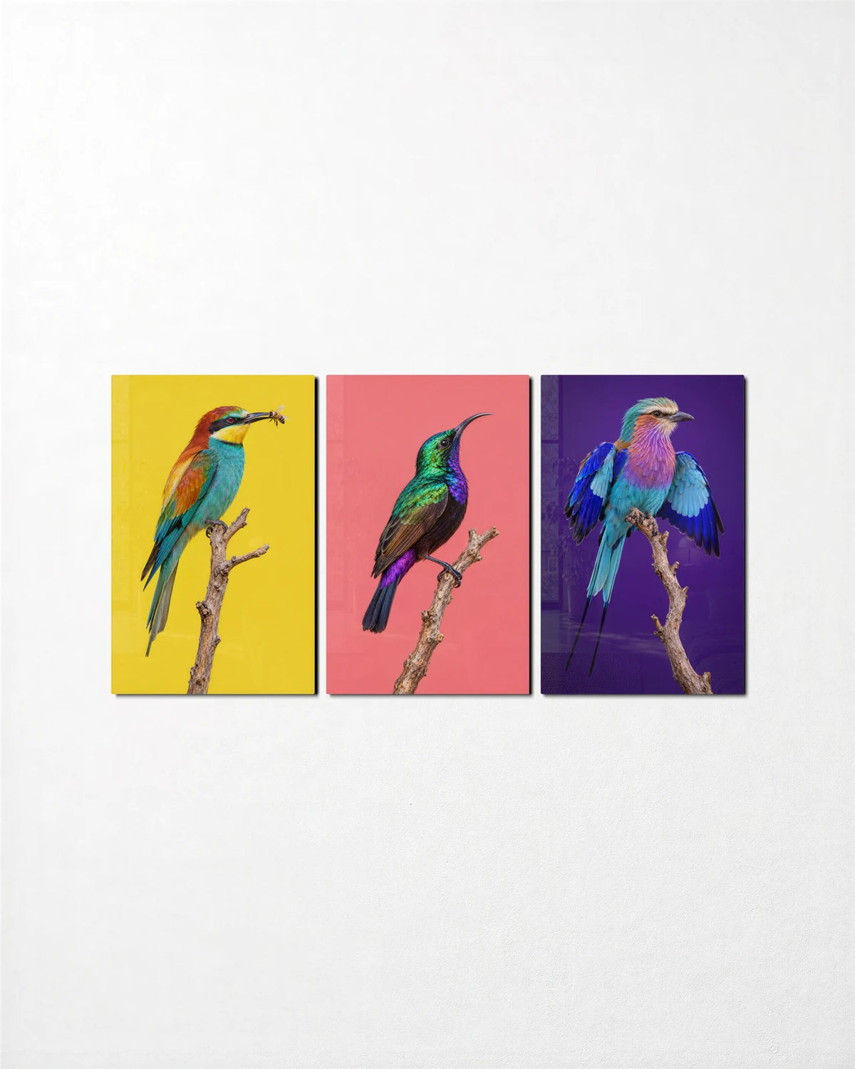 Perched Birds Trio — 3-panel glass wall art set on a wall