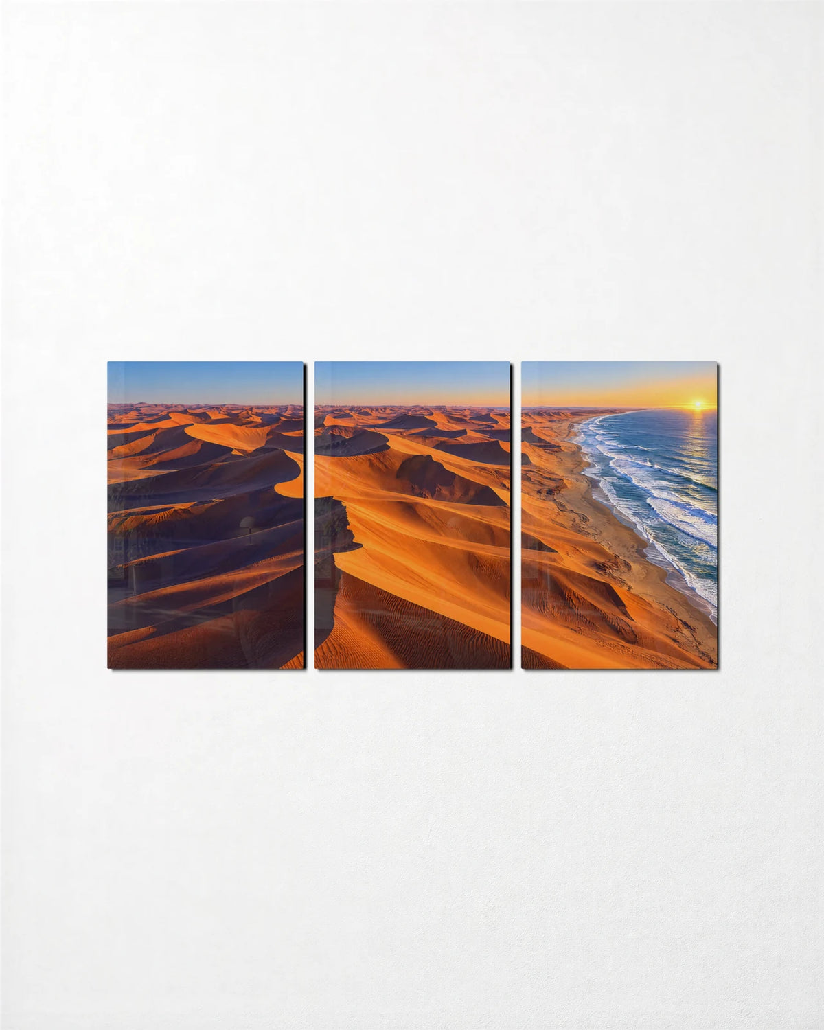 Namib Dunes Trio — 3-panel glass wall art set on a wall