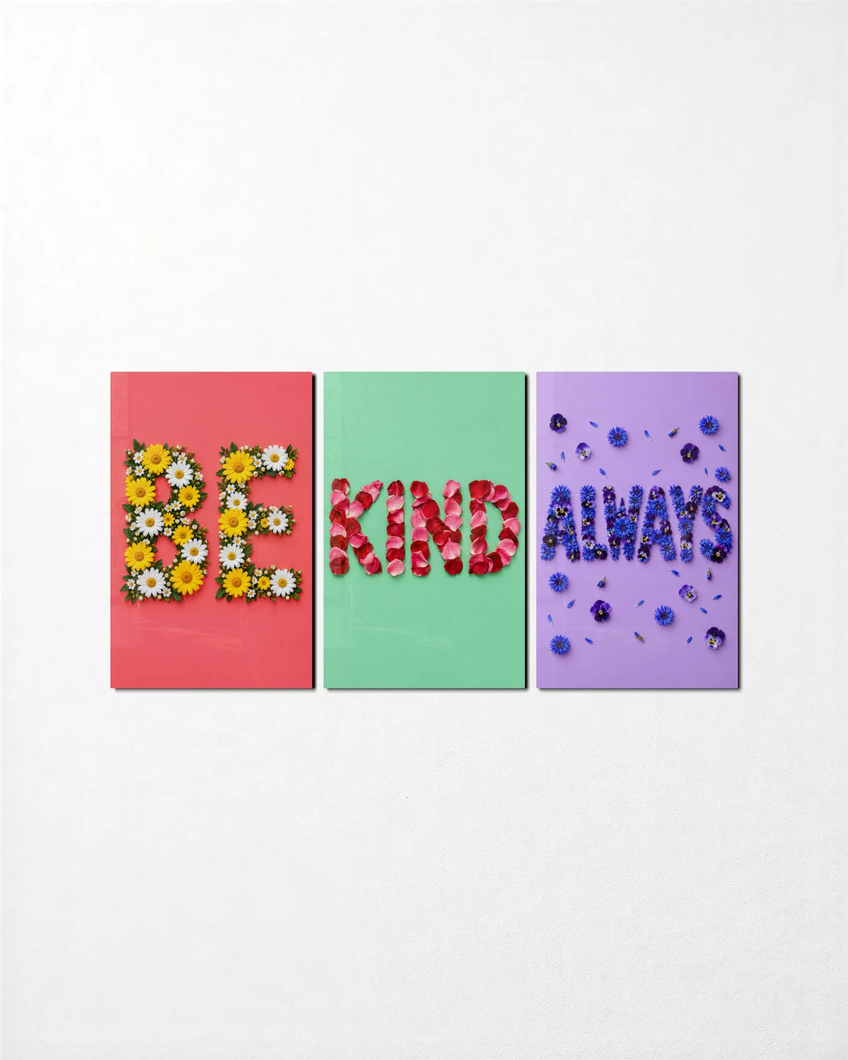 Be Kind Always Trio — 3-panel glass wall art set on a wall