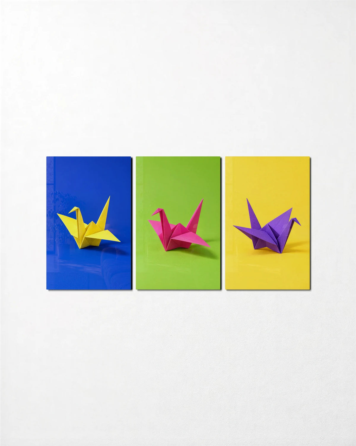 Origami Cranes Trio — 3-panel glass wall art set on a wall