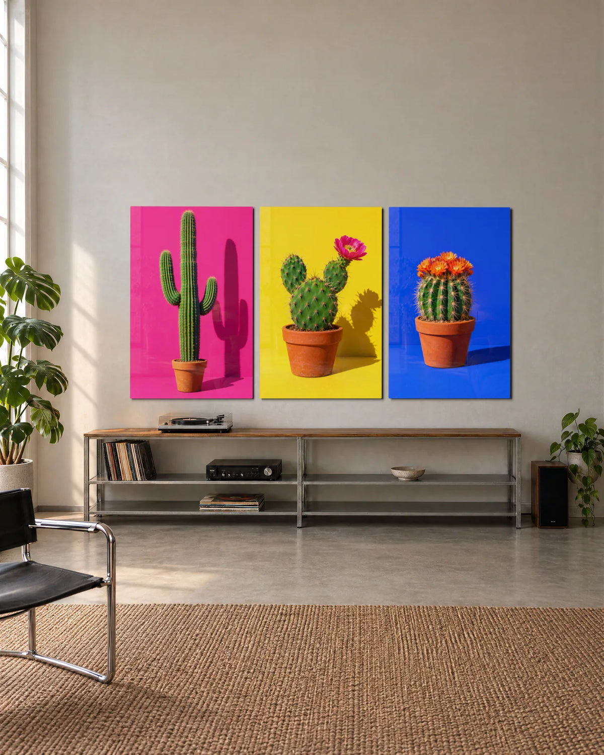 Potted Cactus Trio — 3-panel set shown in a living space
