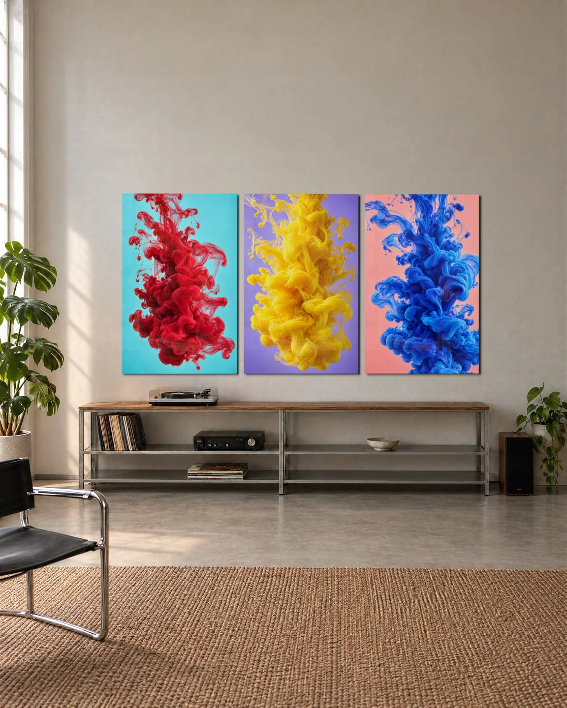 Ink Clouds Trio — 3-panel set shown in a living space