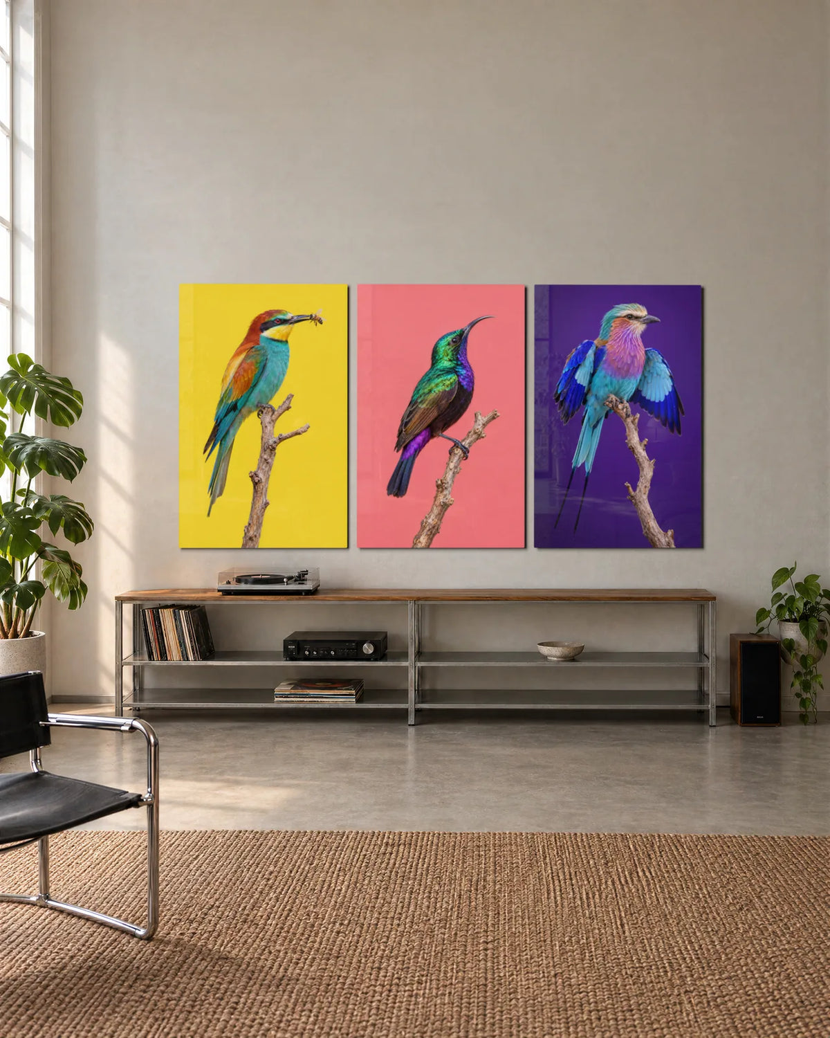 Perched Birds Trio — 3-panel set shown in a living space