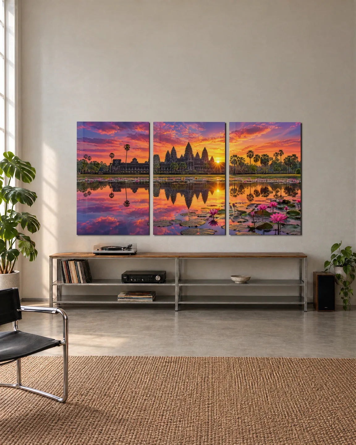 Angkor at Sunrise Trio — 3-panel set shown in a living space