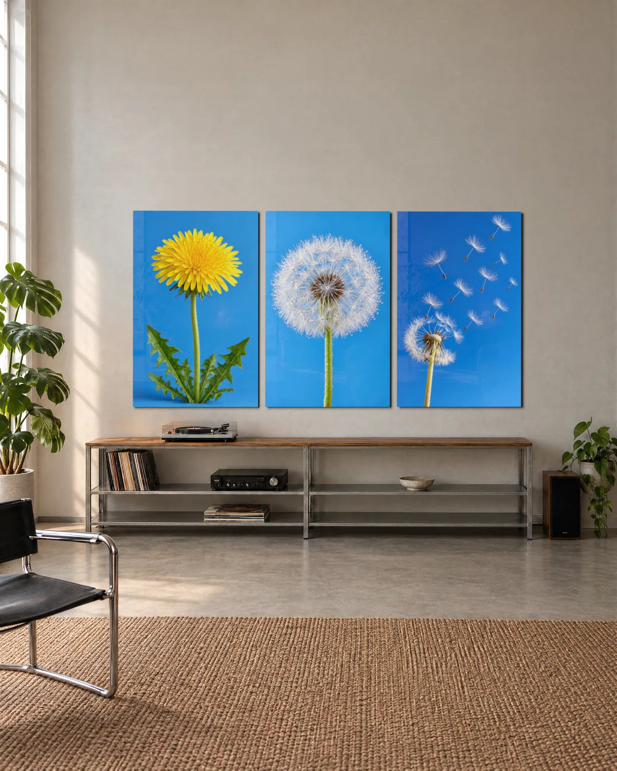 Dandelion Seasons Trio — 3-panel set shown in a living space