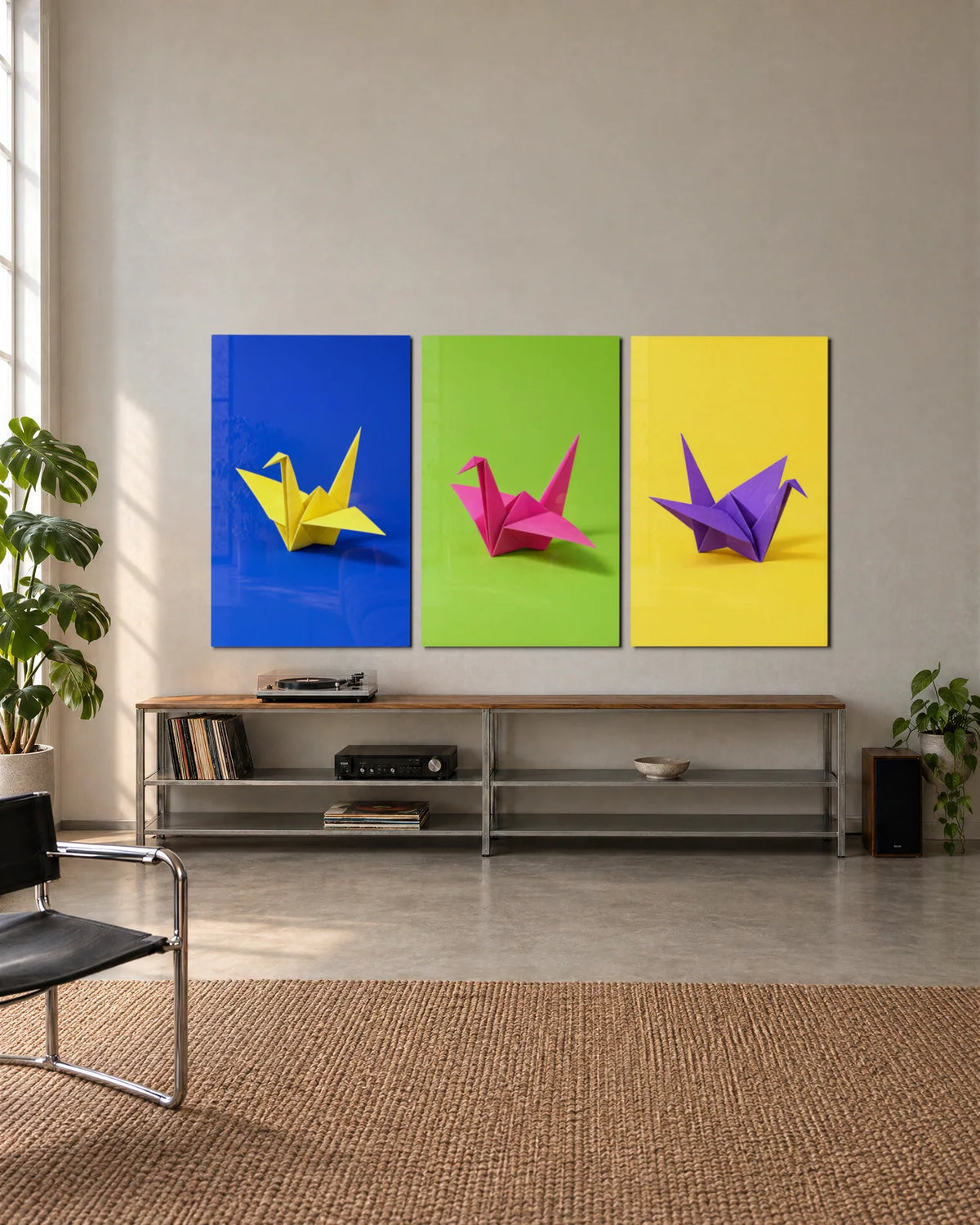 Origami Cranes Trio — 3-panel set shown in a living space
