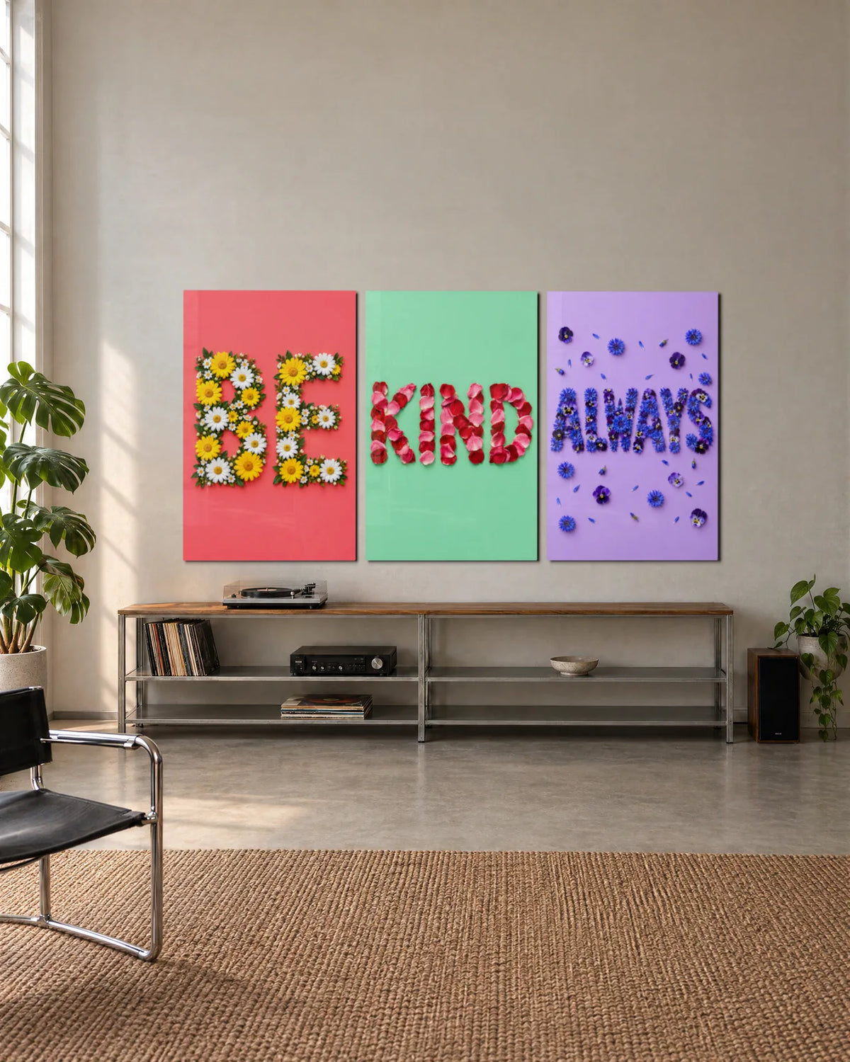 Be Kind Always Trio — 3-panel set shown in a living space