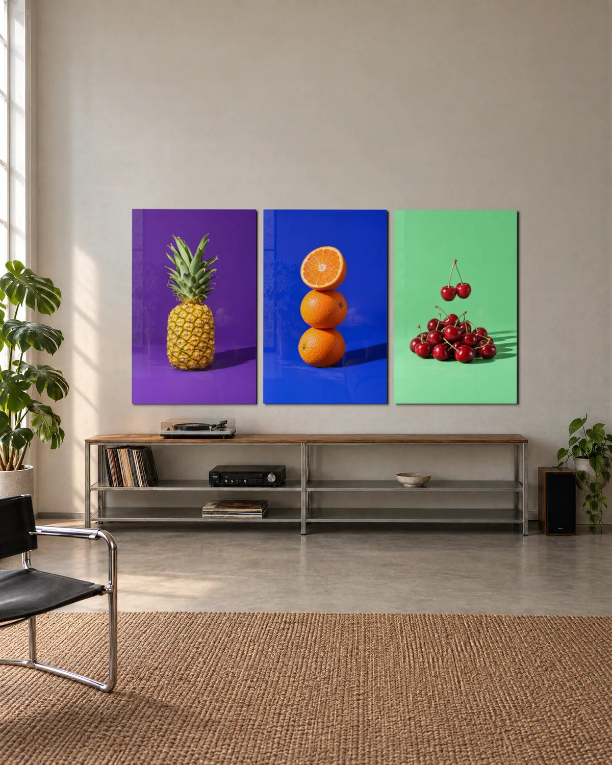 Fruit on Colour Trio — 3-panel set shown in a living space