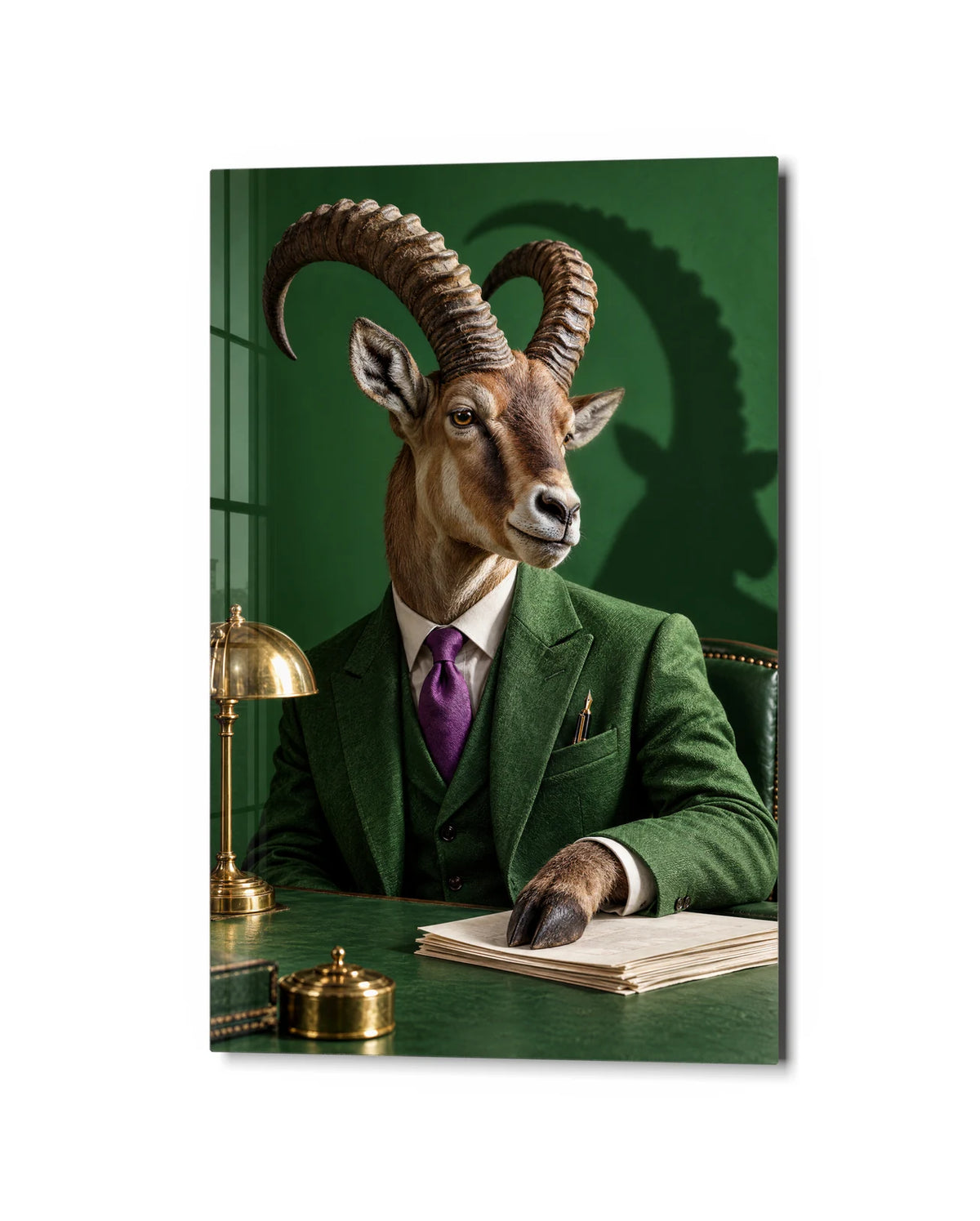 A Very Serious Goat — studio view of glass wall art