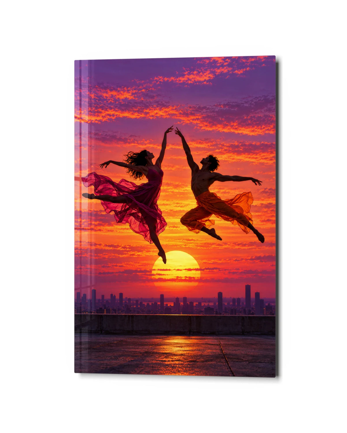 Leap at Sunset — studio view of glass wall art