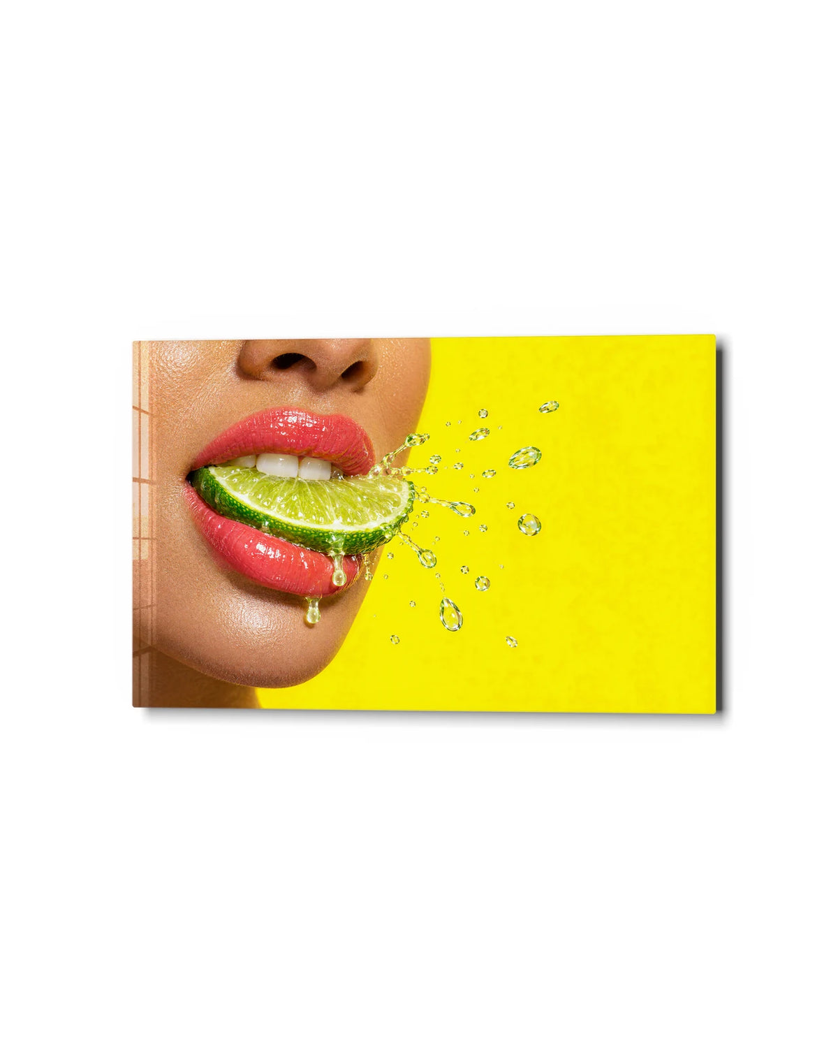 Lime and Lips — studio view of glass wall art