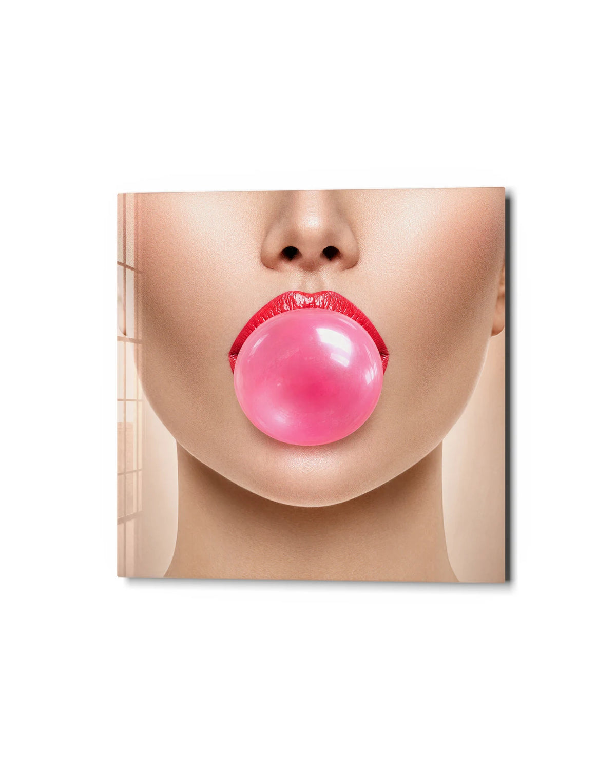 Bubble Gum Lips — studio view of glass wall art