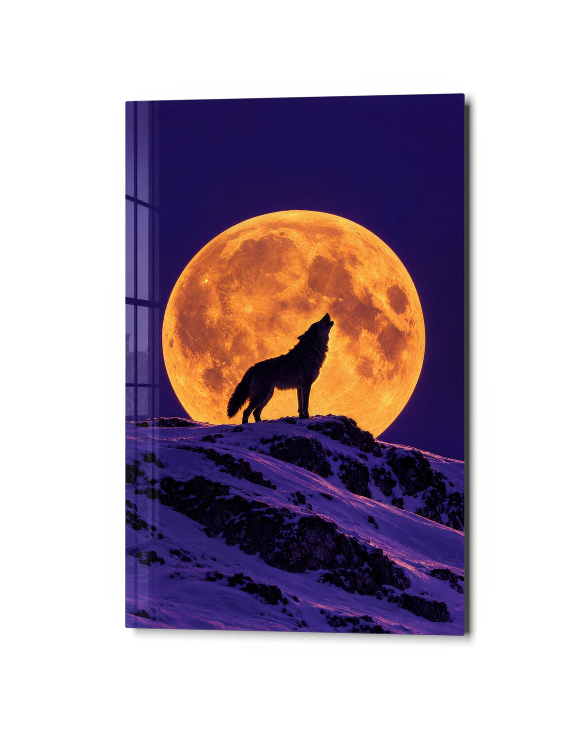 Wolf and the Orange Moon — studio view of glass wall art
