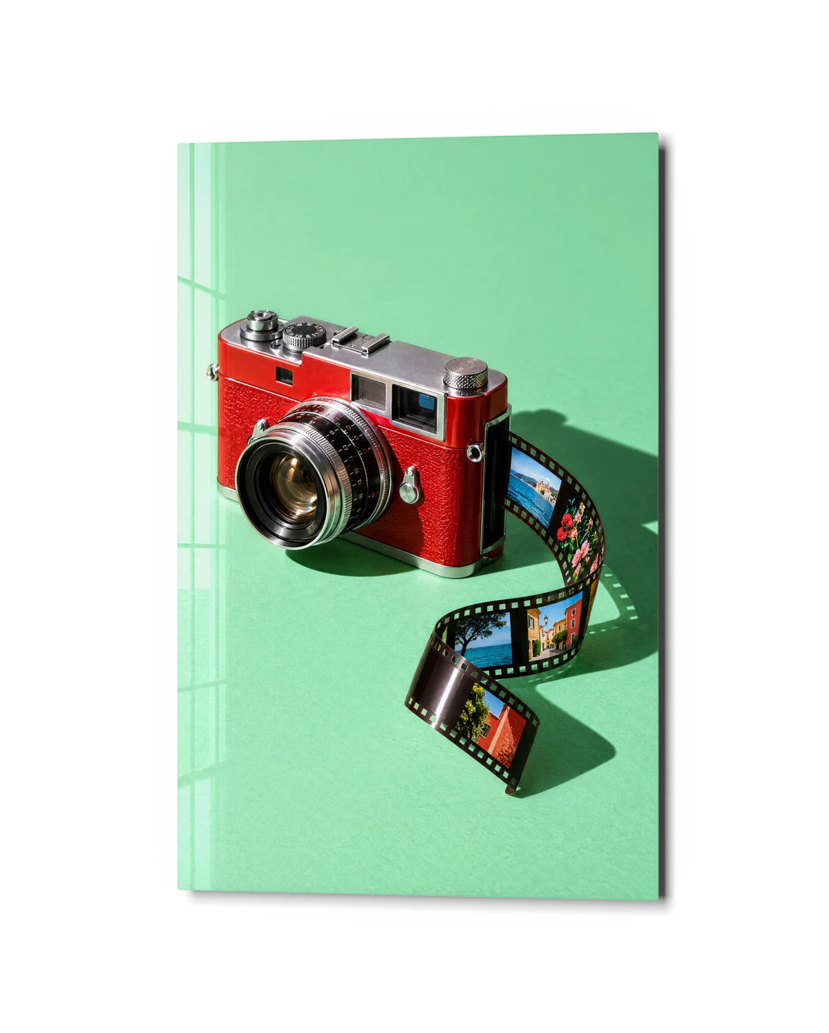 Red Camera on Mint — studio view of glass wall art