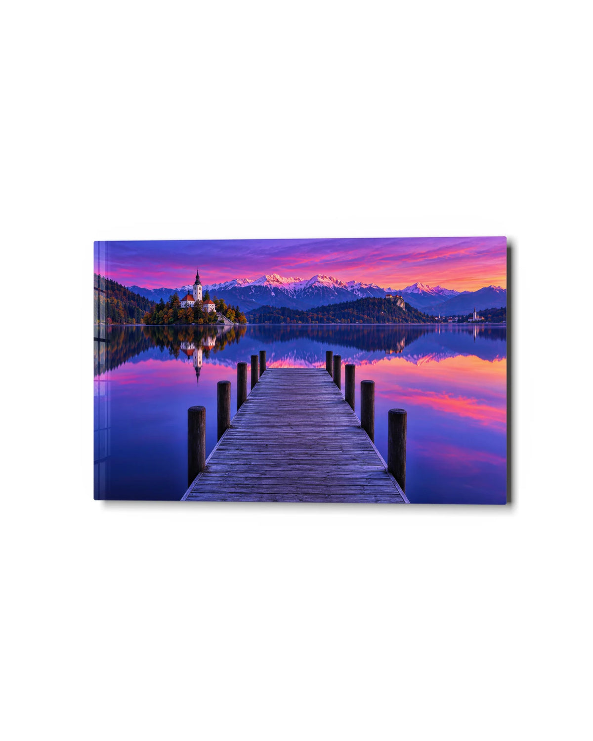 Bled at Dawn — studio view of glass wall art