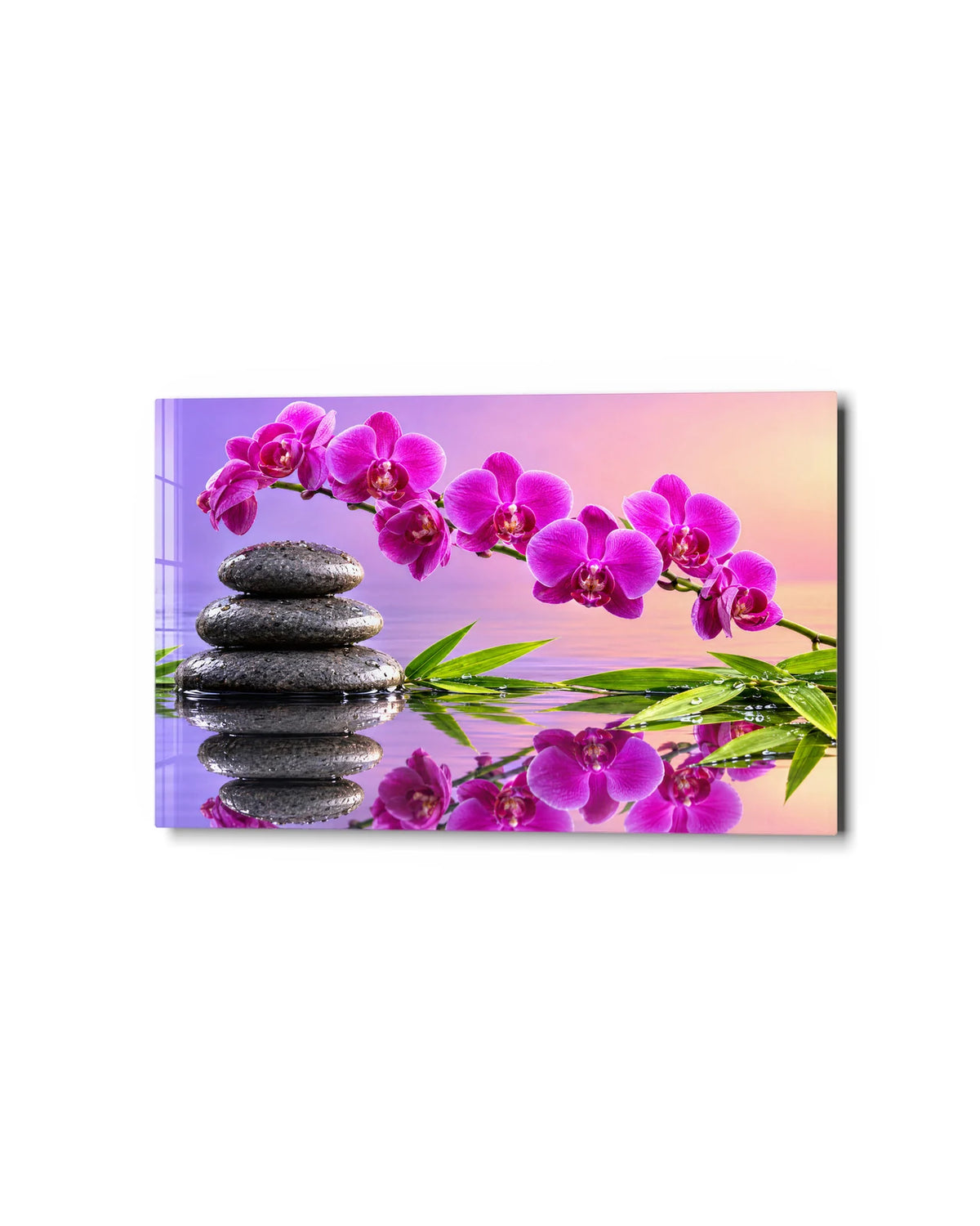 Orchids and Stacked Stones — studio view of glass wall art