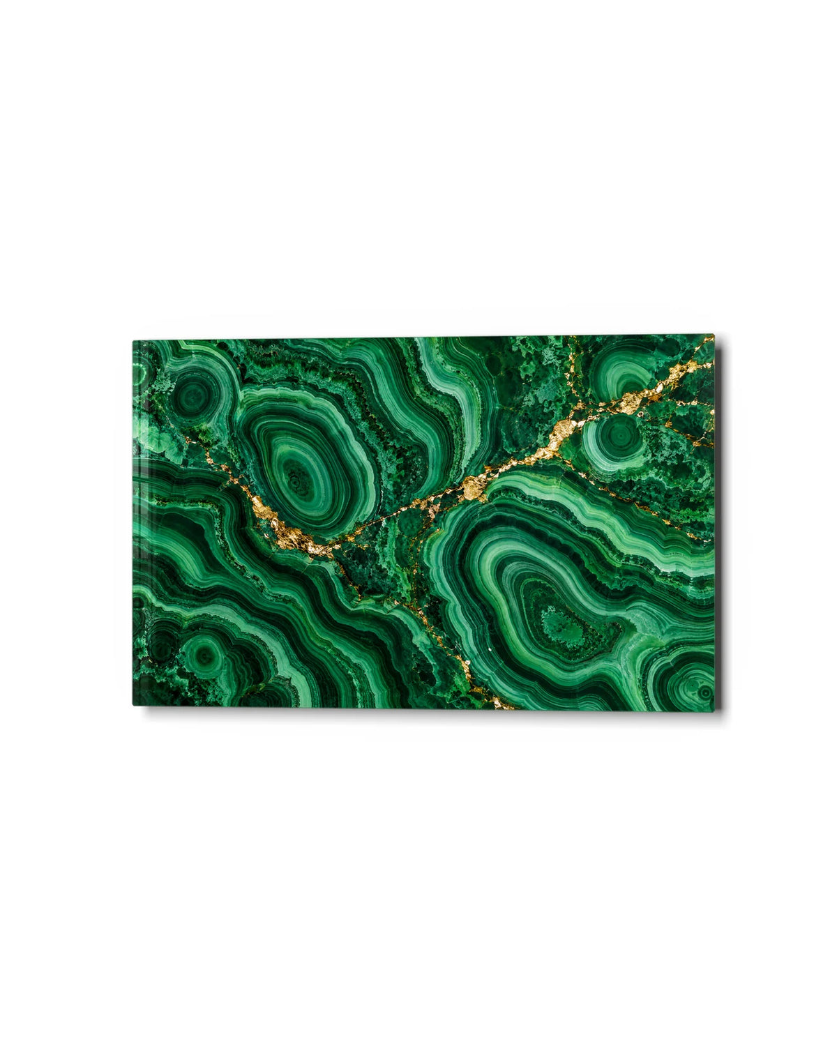 Malachite and Gold — studio view of glass wall art