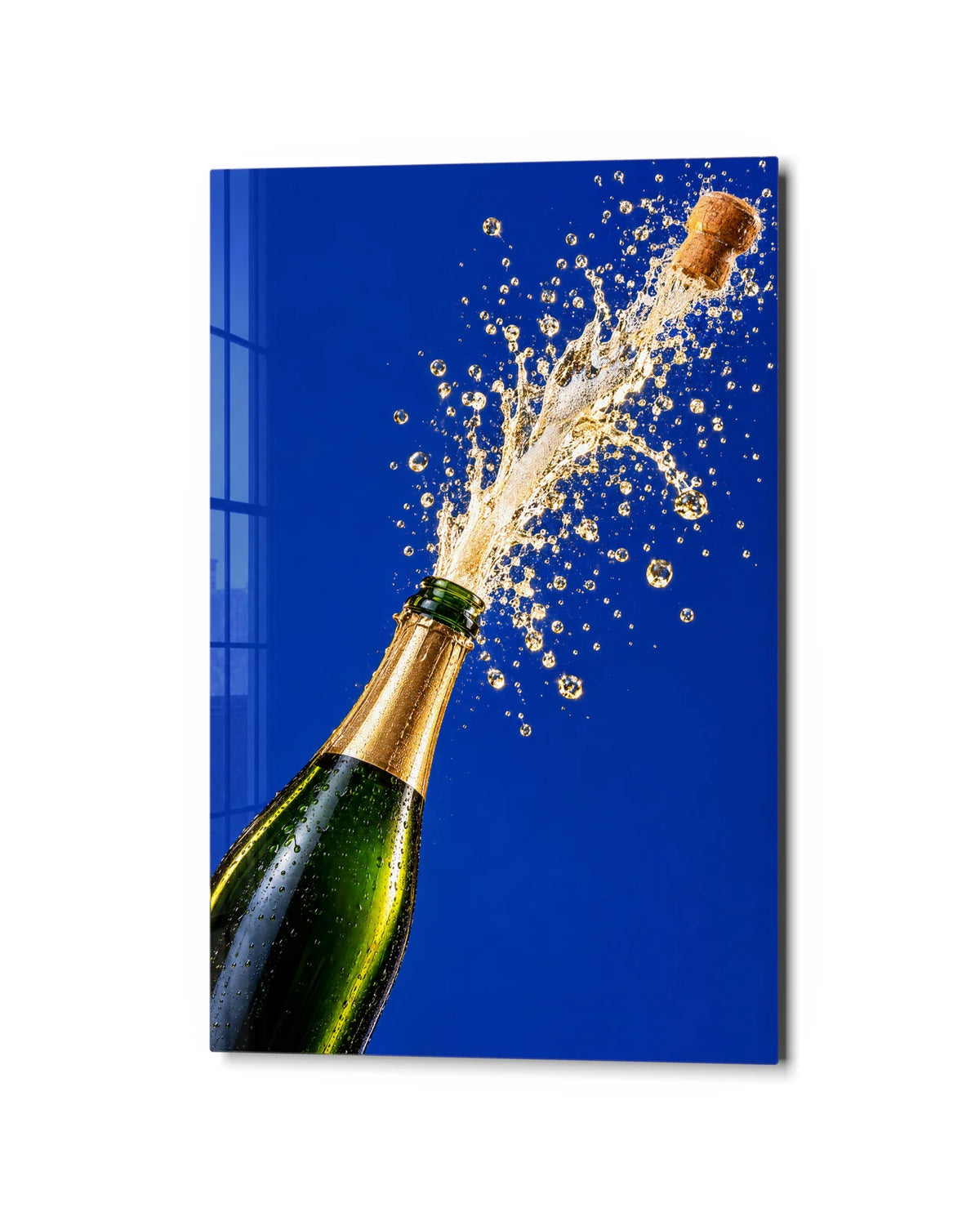 Pop on Cobalt — studio view of glass wall art