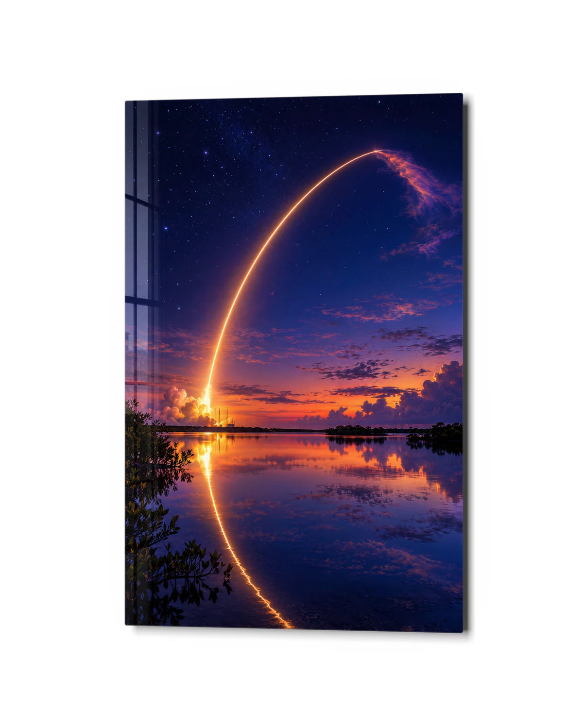 Launch Over the Lagoon — studio view of glass wall art