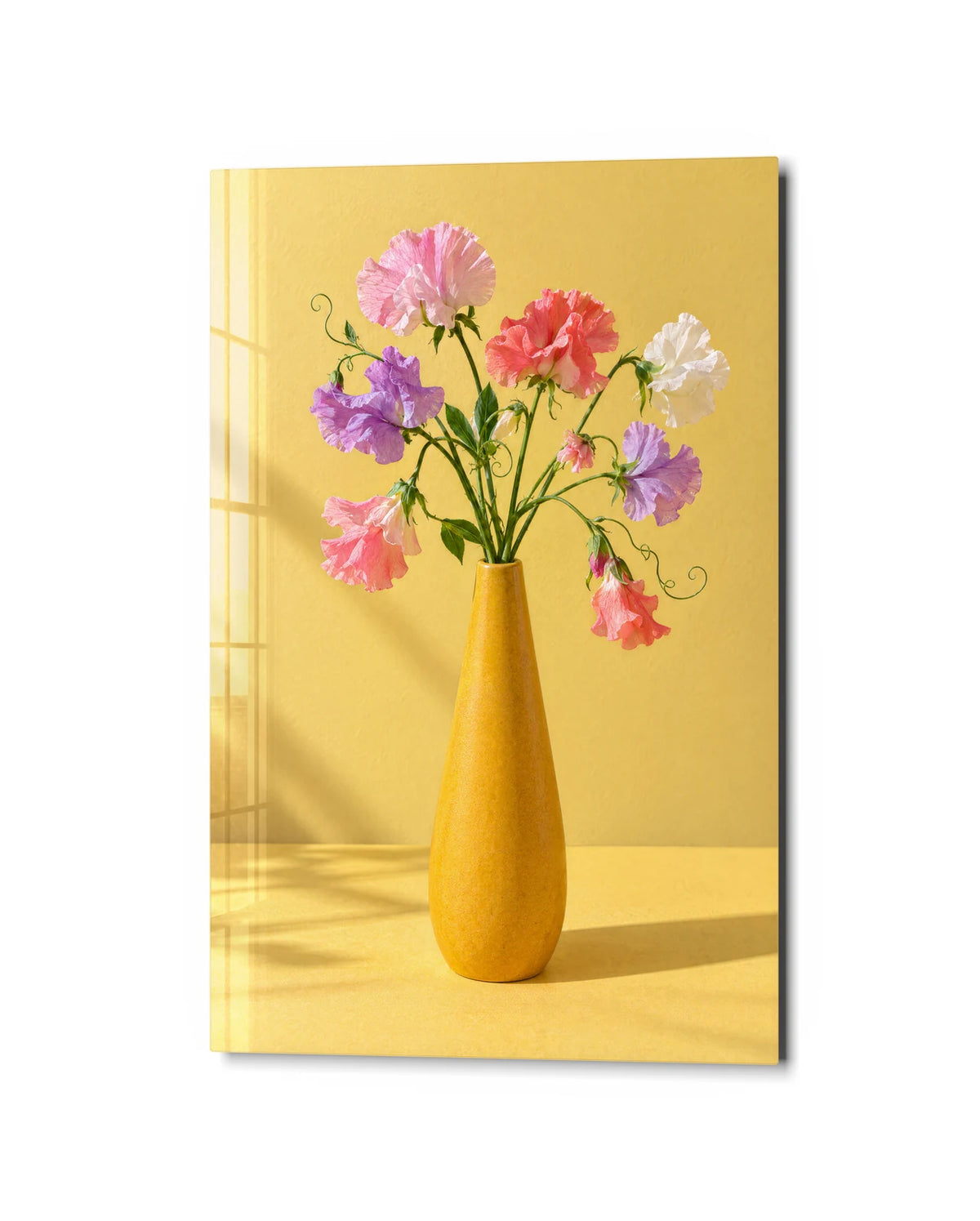 Sweet Peas in a Bud Vase — studio view of glass wall art