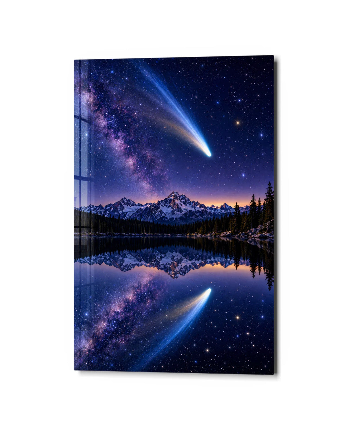 Comet Over the Lake — studio view of glass wall art