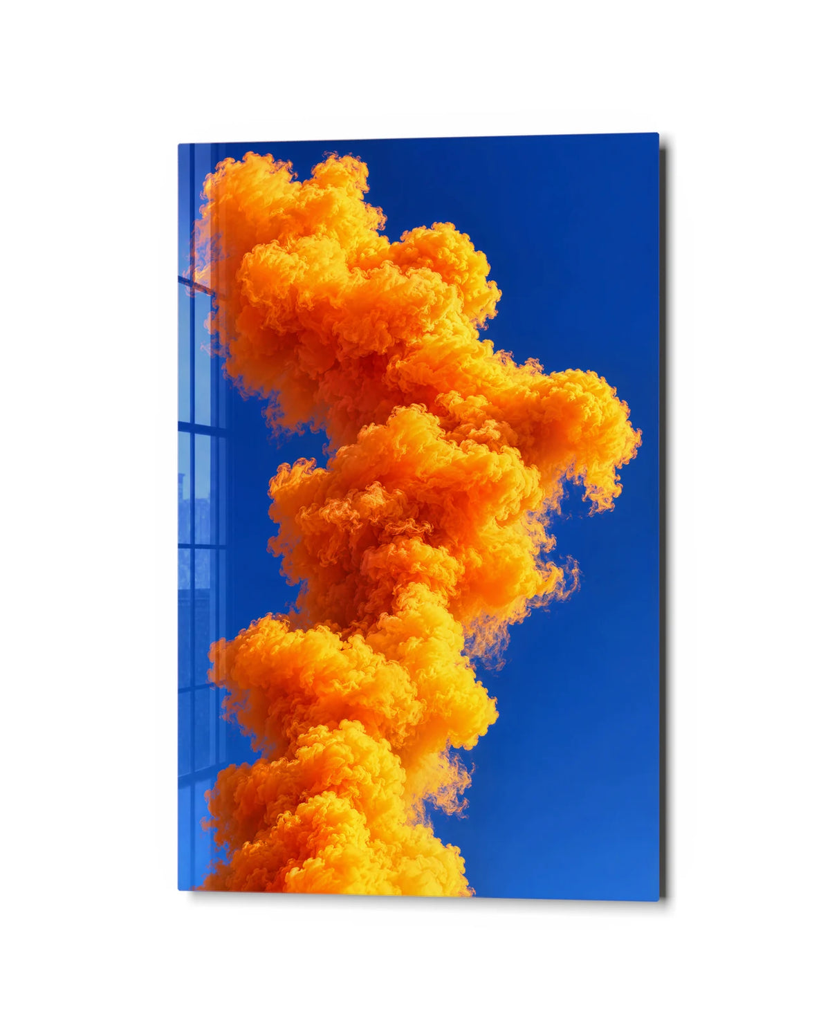 Orange Smoke Blue Sky — studio view of glass wall art