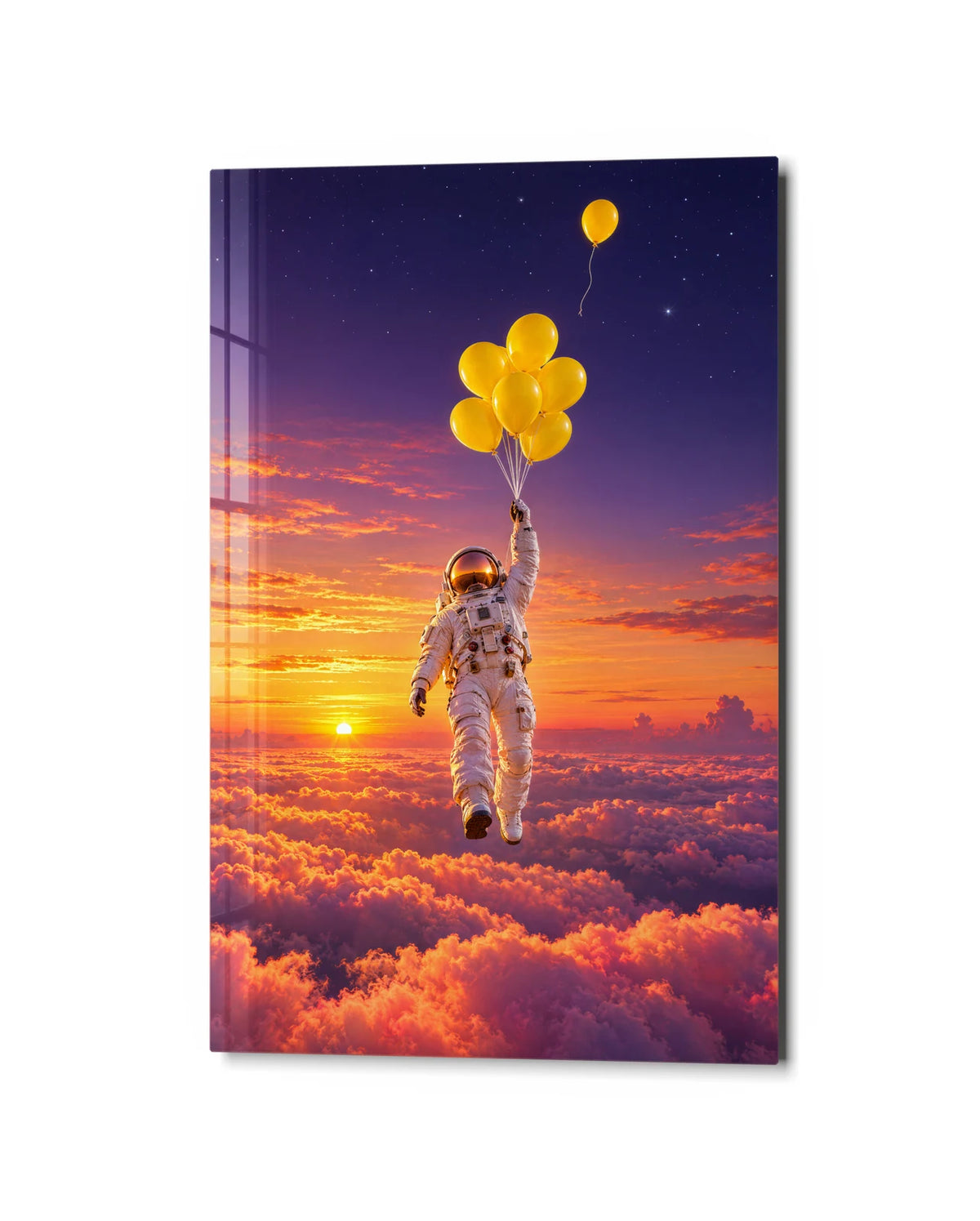 Astronaut with Balloons — studio view of glass wall art
