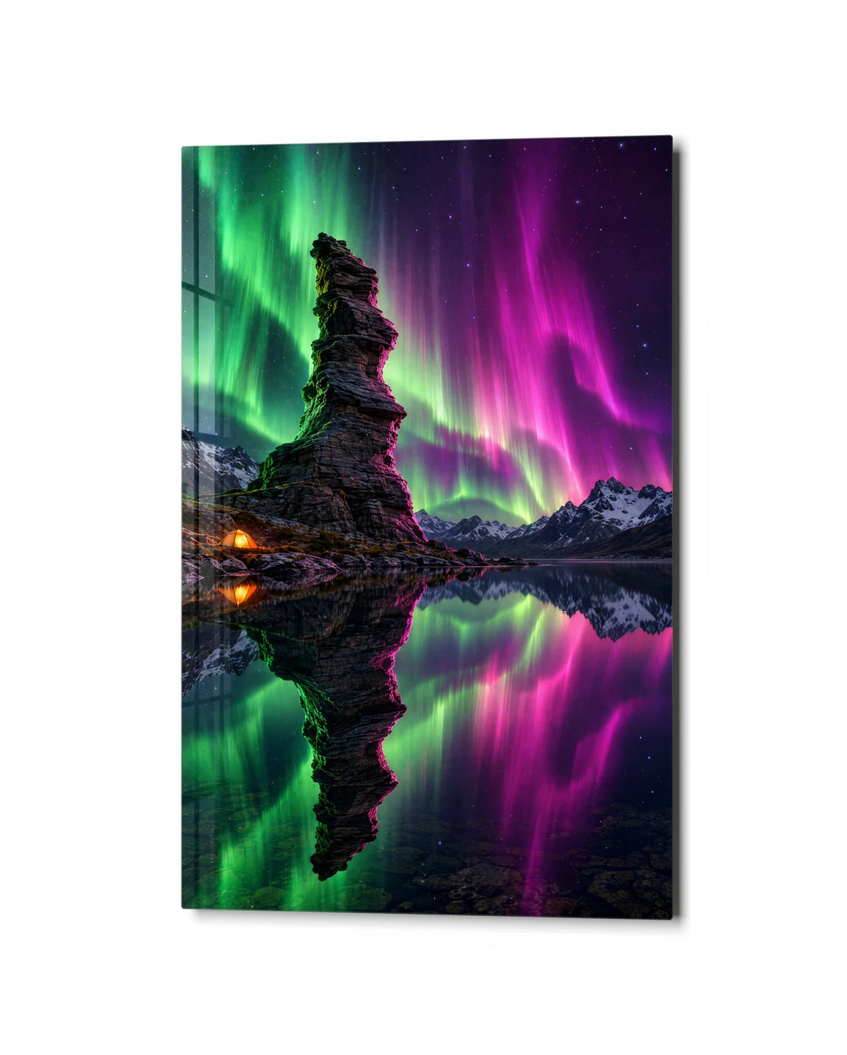 Pinnacle Under Aurora — studio view of glass wall art
