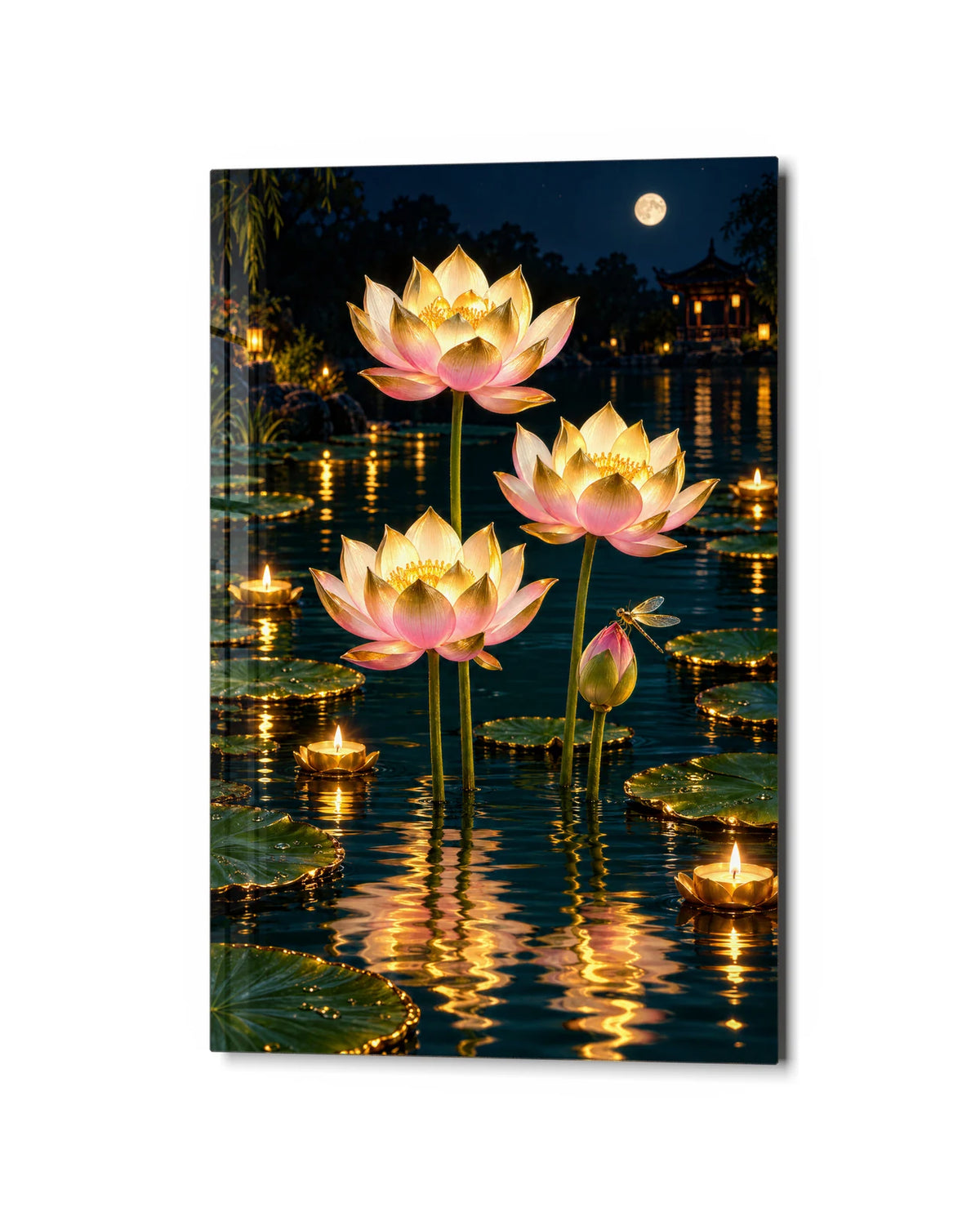 Golden Lotus Night — studio view of glass wall art