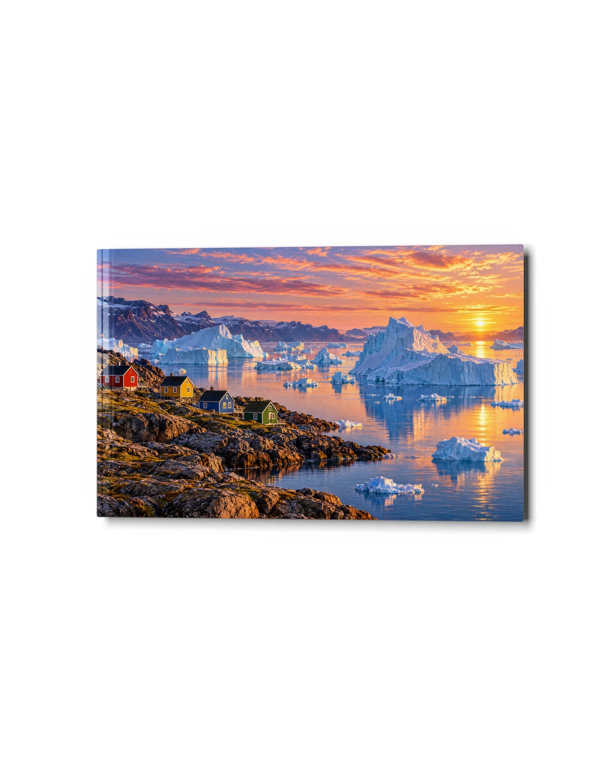 Icebergs at Sundown — studio view of glass wall art