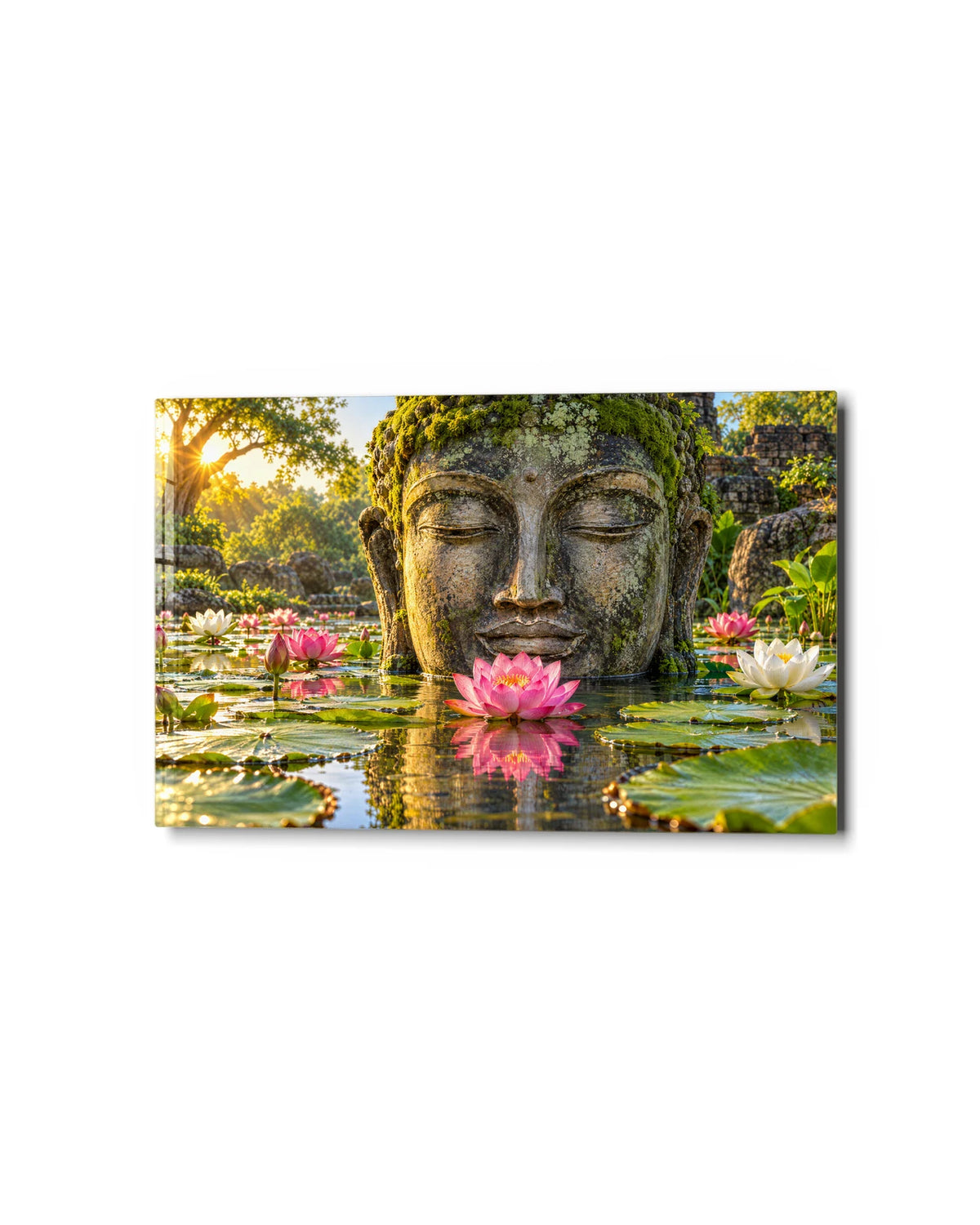 Stone Buddha Among Lotus — studio view of glass wall art