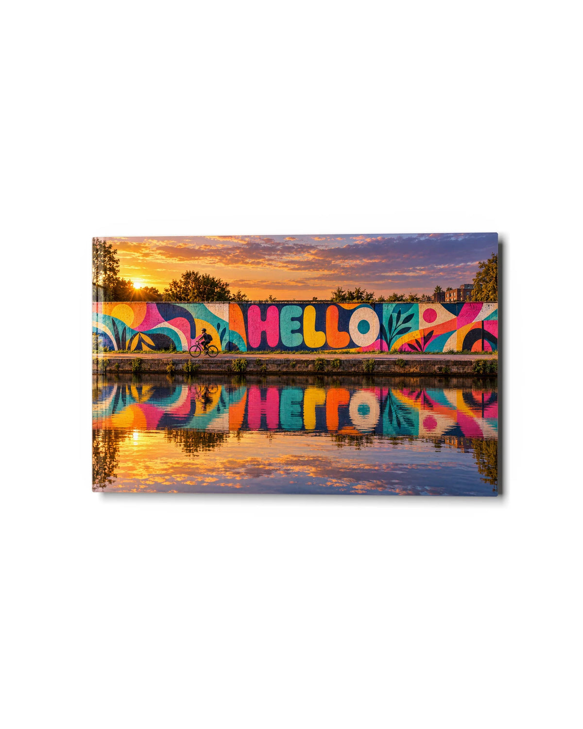 Hello by the Canal — studio view of glass wall art