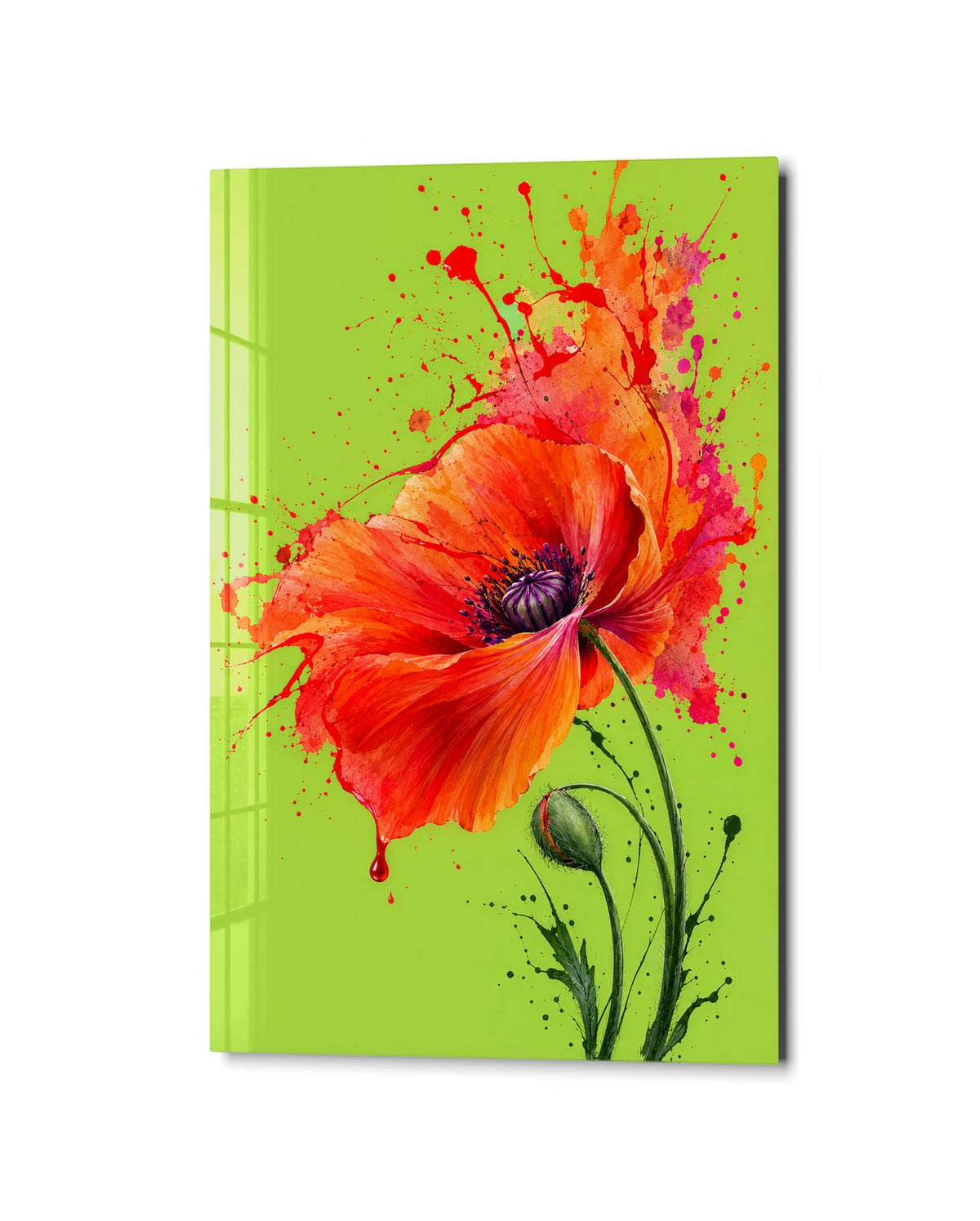 Ink Poppy on Lime — studio view of glass wall art