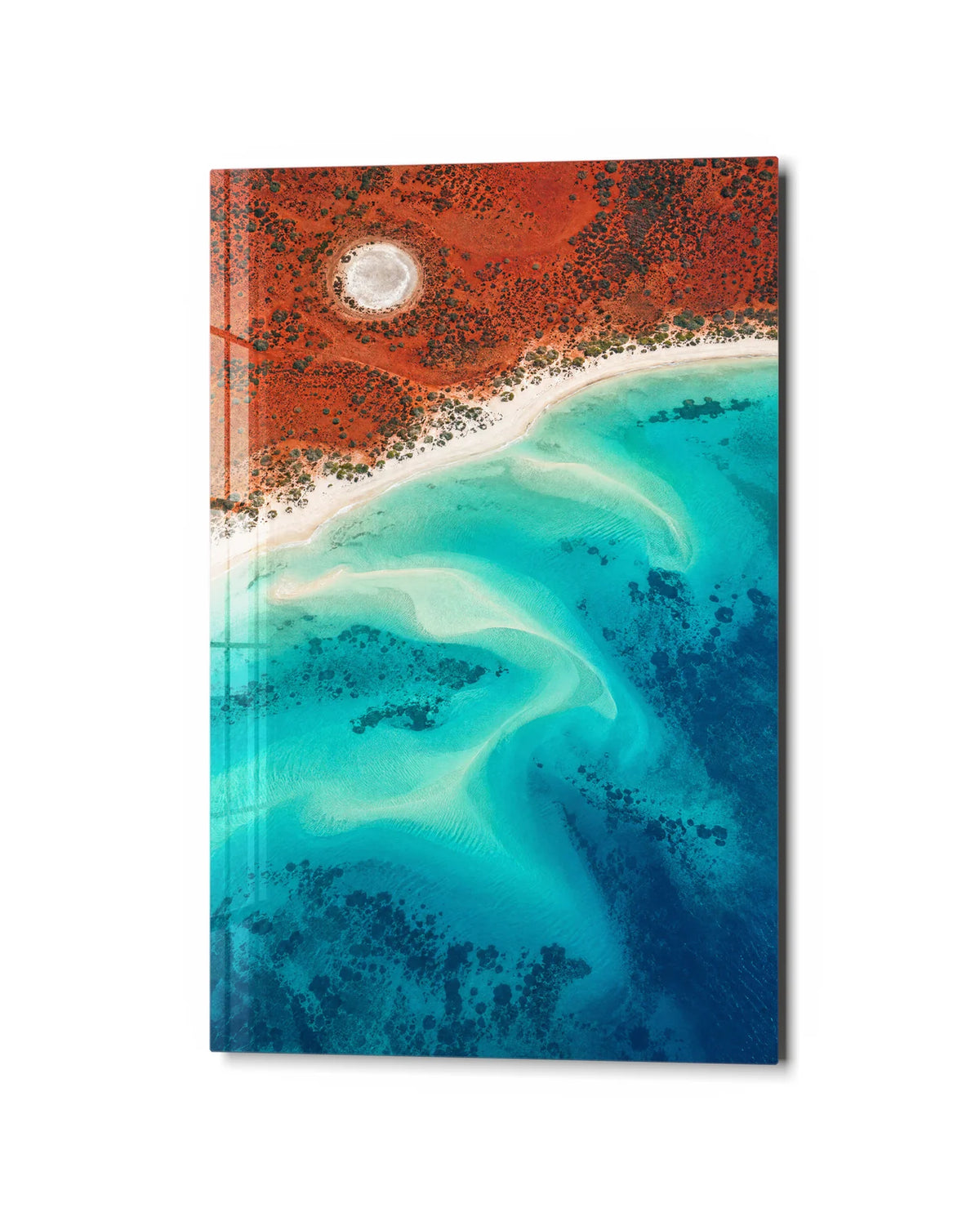 Red Coast Turquoise Sea — studio view of glass wall art