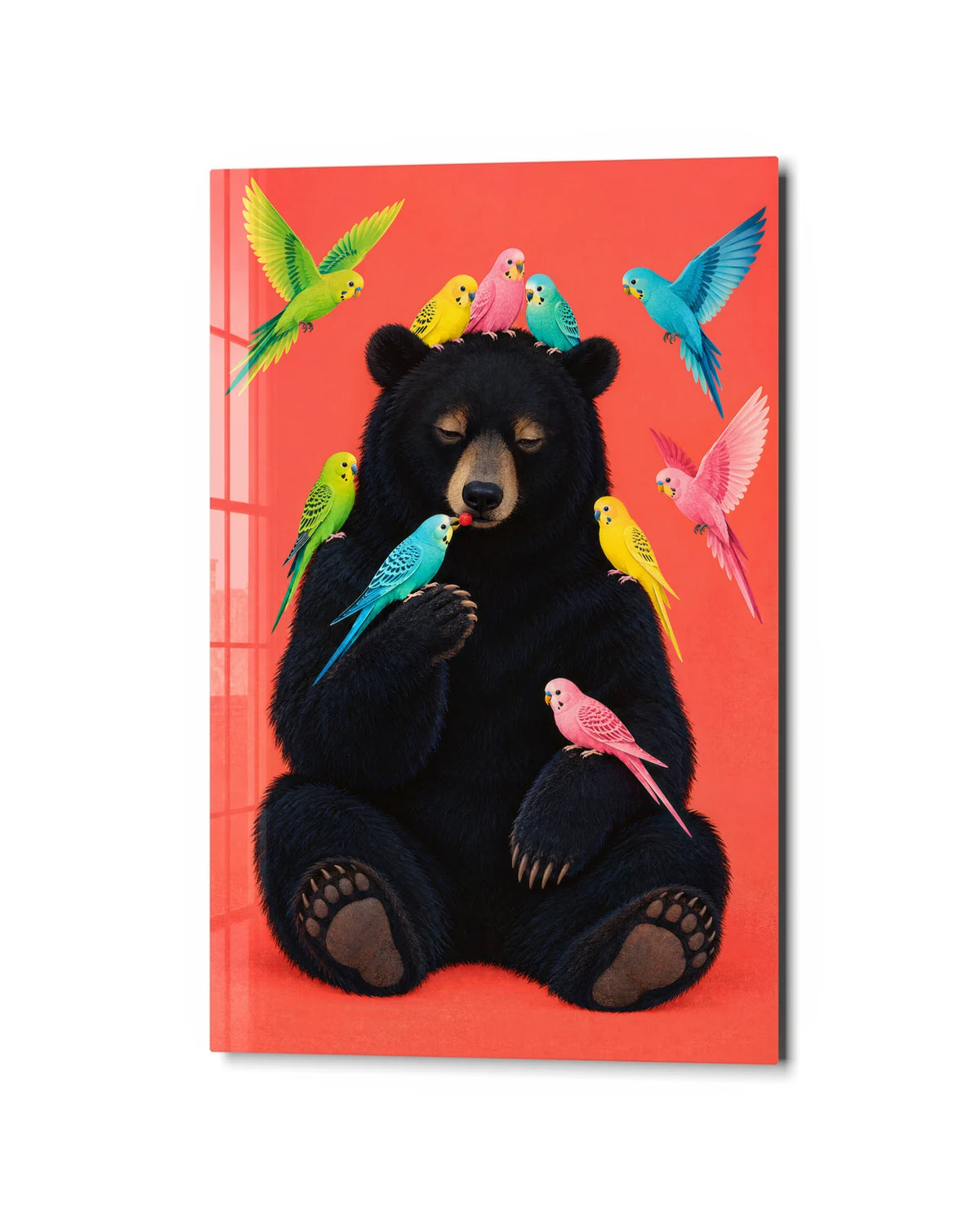 Bear Among Parakeets — studio view of glass wall art