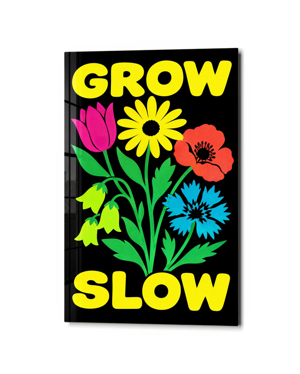 Grow Slow — studio view of glass wall art
