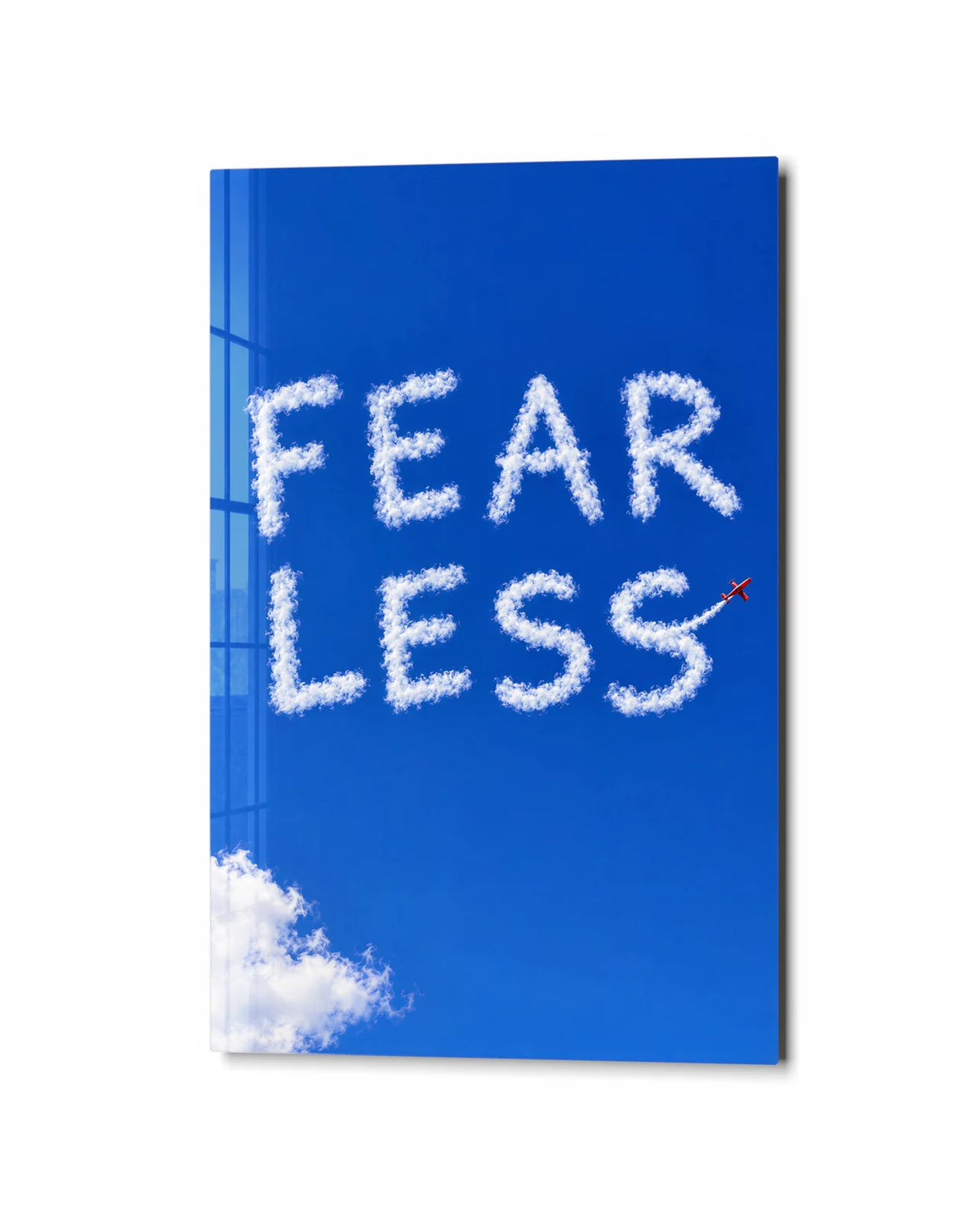 Fear Less Skywriting — studio view of glass wall art